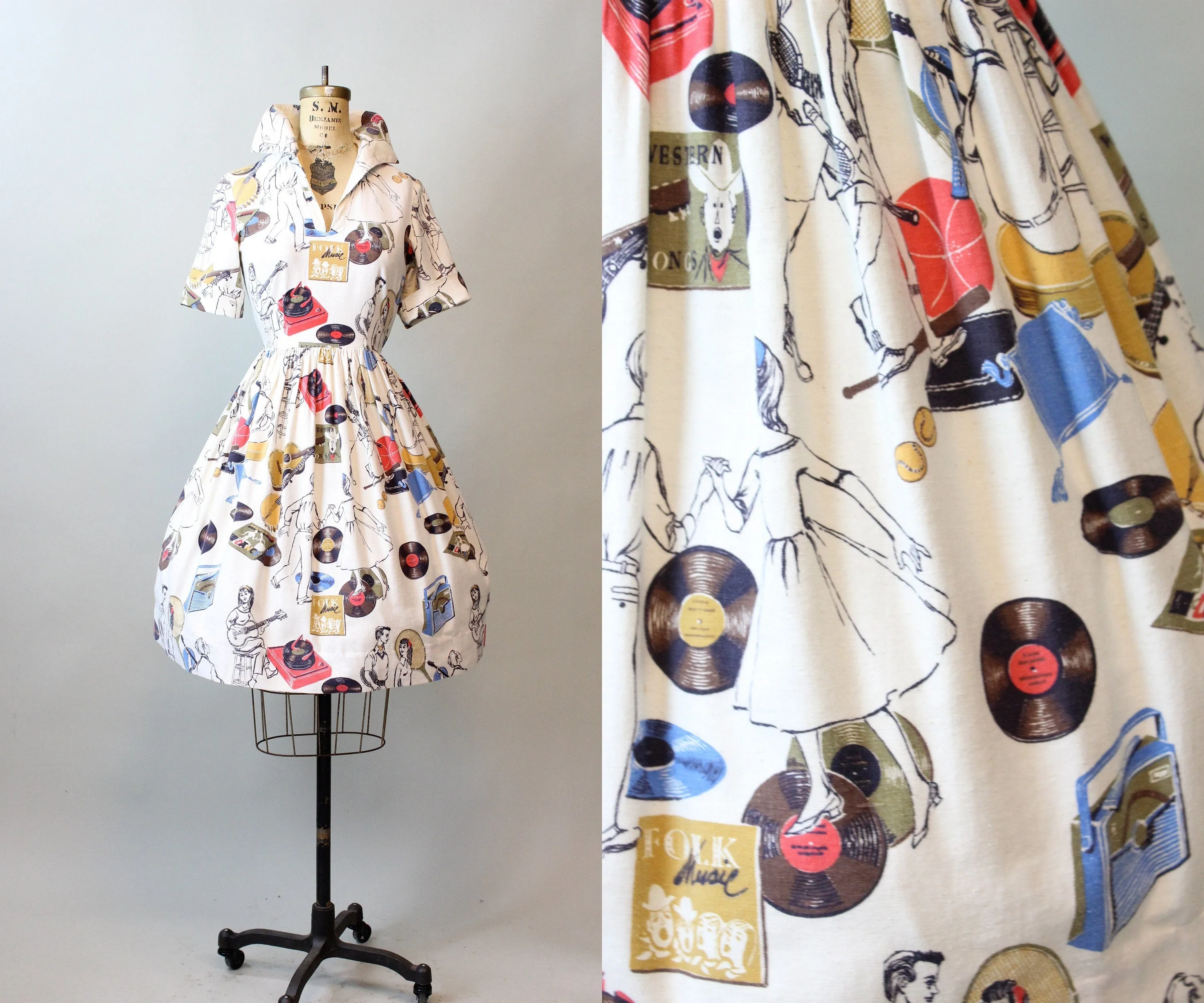 1950s TEEN record guitar novelty print dress xs | new spring summer