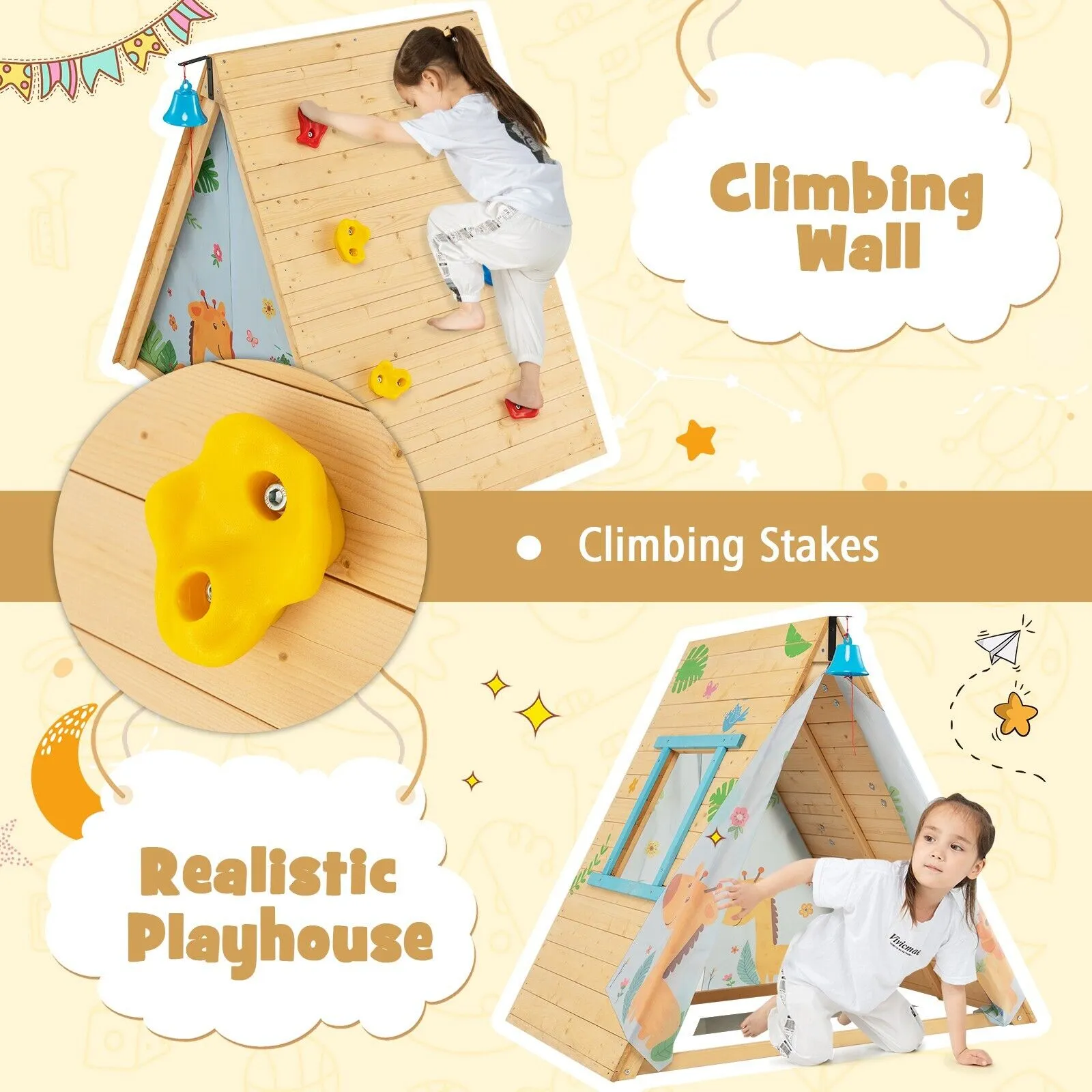 2-in-1 Children's Montessori Fir Wood Climbing Frame | Climbing Wall and Playhouse | 3-8 Years