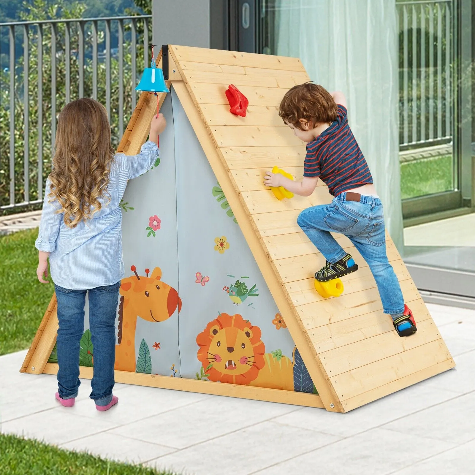 2-in-1 Children's Montessori Fir Wood Climbing Frame | Climbing Wall and Playhouse | 3-8 Years