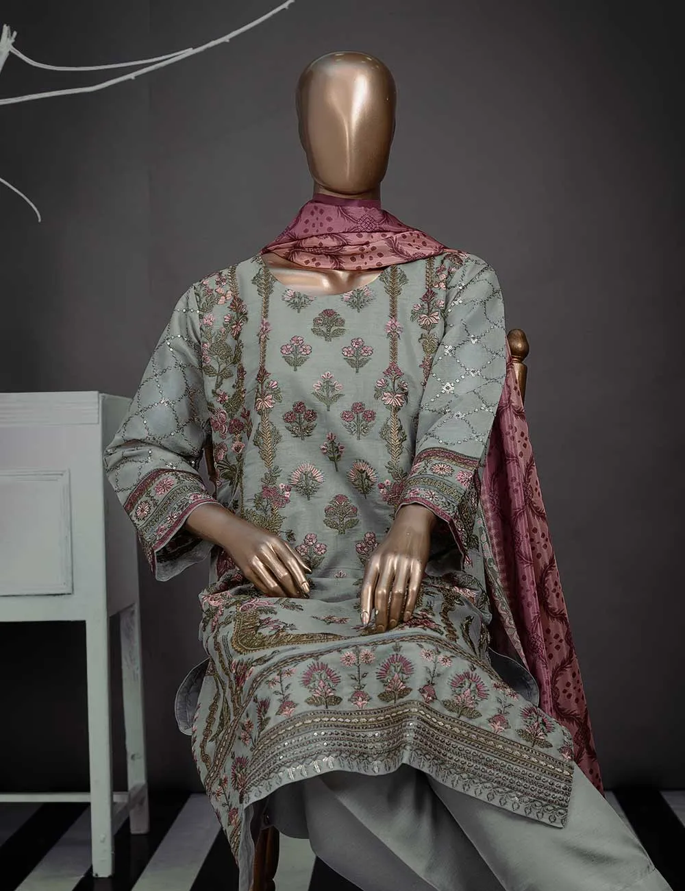 3 Pc Khaddi Lawn Unstitched Embroidered Dress (TP-07)