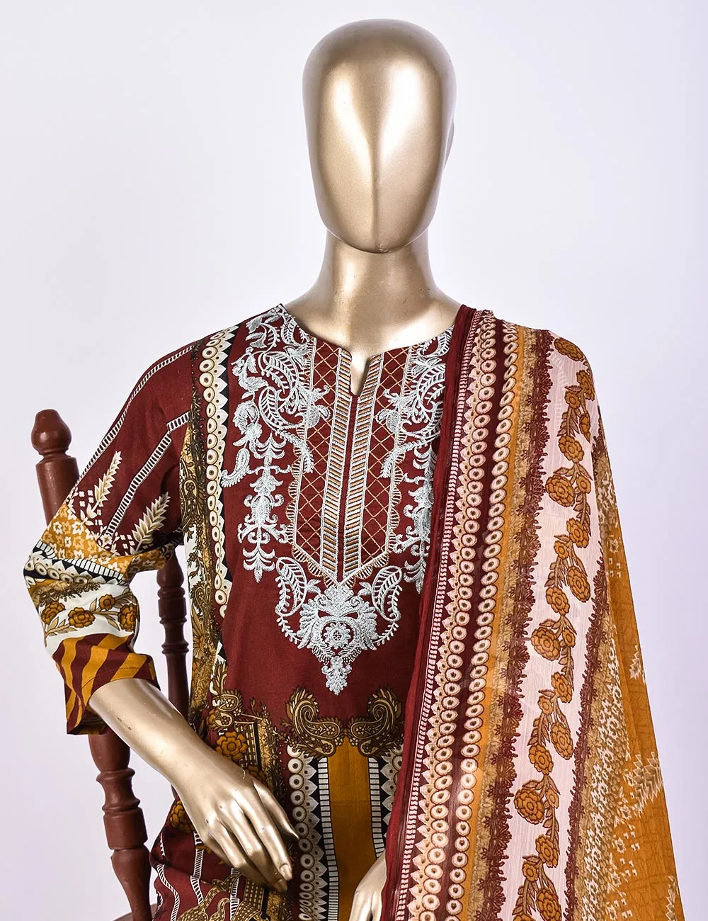 3 Pc Un-stitched Embroidered Lawn - Groovy Goodness (ATL-2B-Redish Brown)