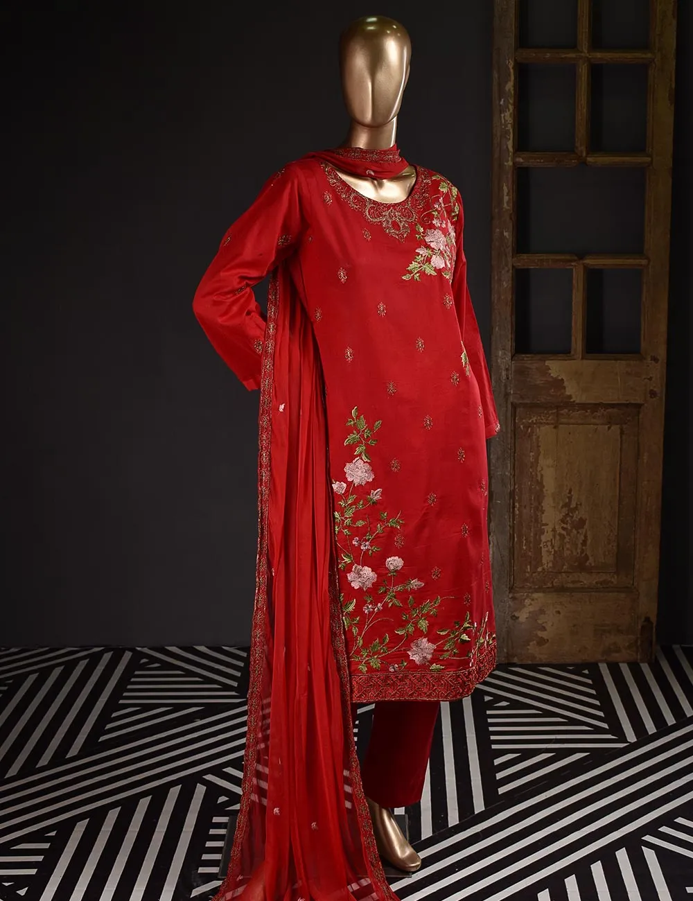 3 Pc Unstitched Embroidered Lawn Dress with Chiffon Embroidered Dupatta - Budapest (ZEB-1A)