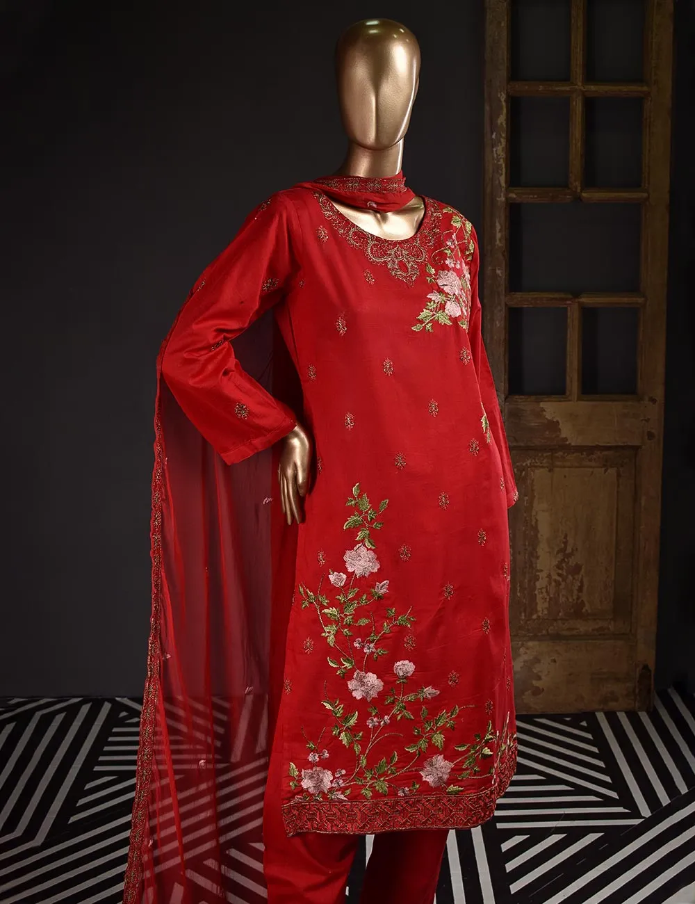 3 Pc Unstitched Embroidered Lawn Dress with Chiffon Embroidered Dupatta - Budapest (ZEB-1A)