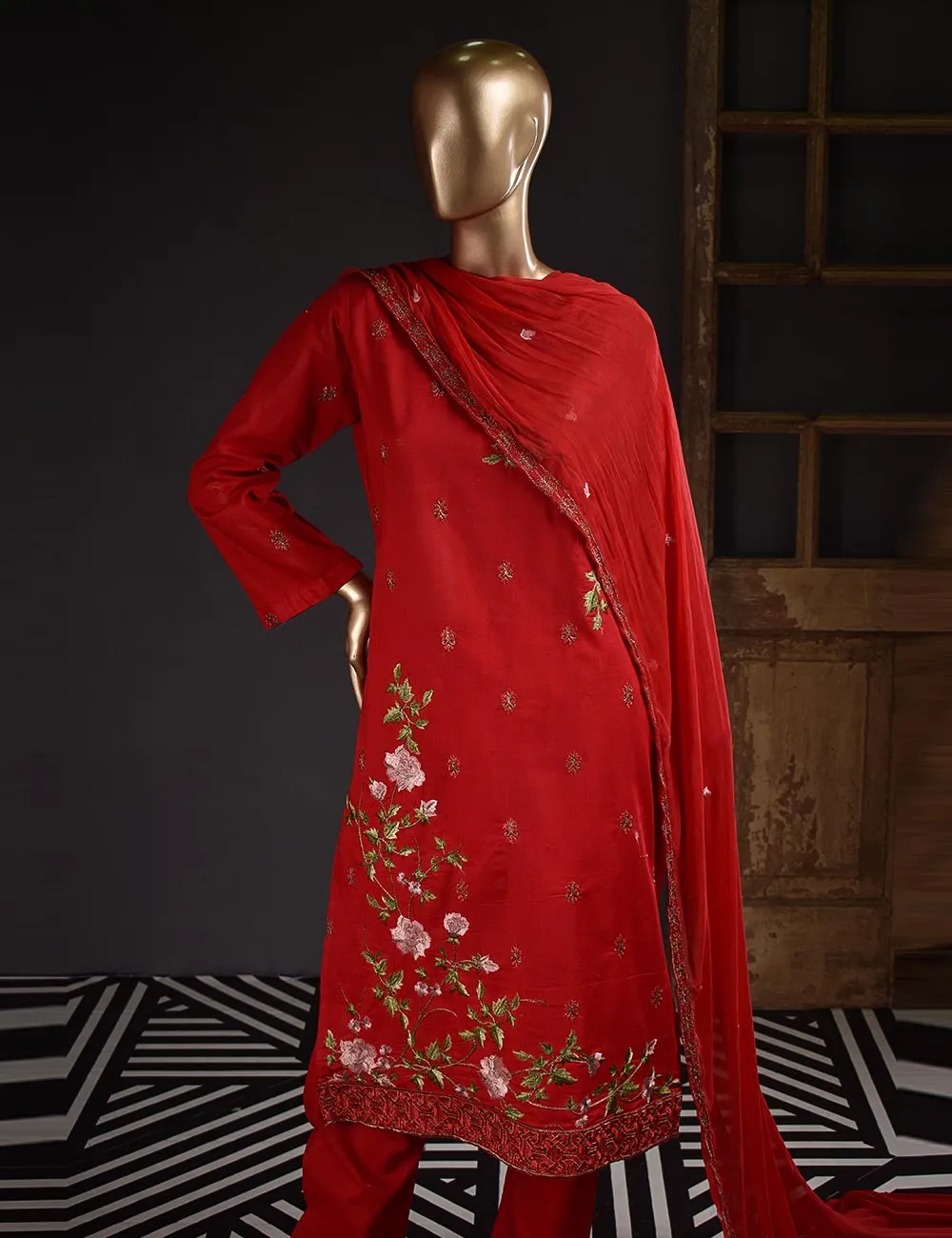 3 Pc Unstitched Embroidered Lawn Dress with Chiffon Embroidered Dupatta - Budapest (ZEB-1A)