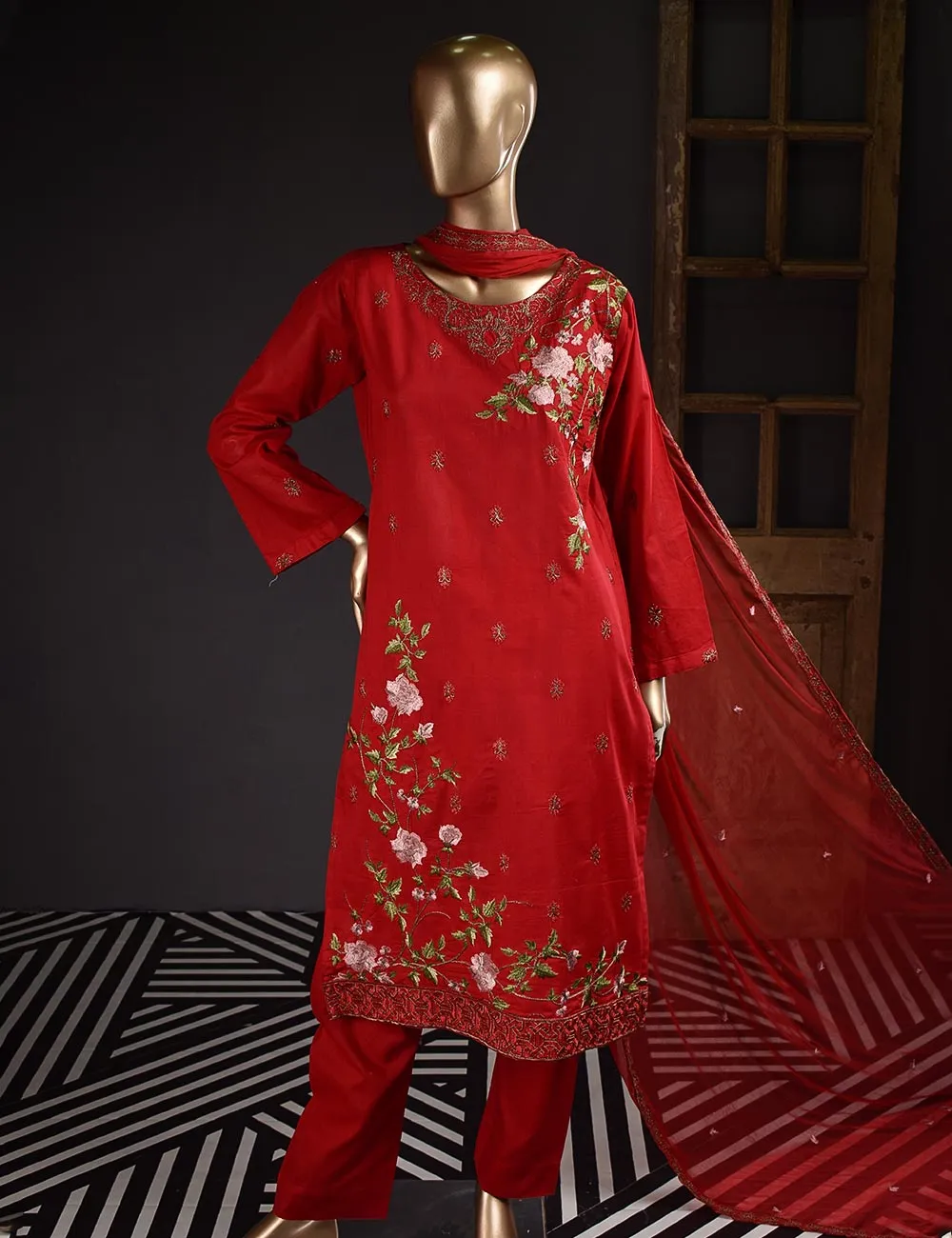 3 Pc Unstitched Embroidered Lawn Dress with Chiffon Embroidered Dupatta - Budapest (ZEB-1A)