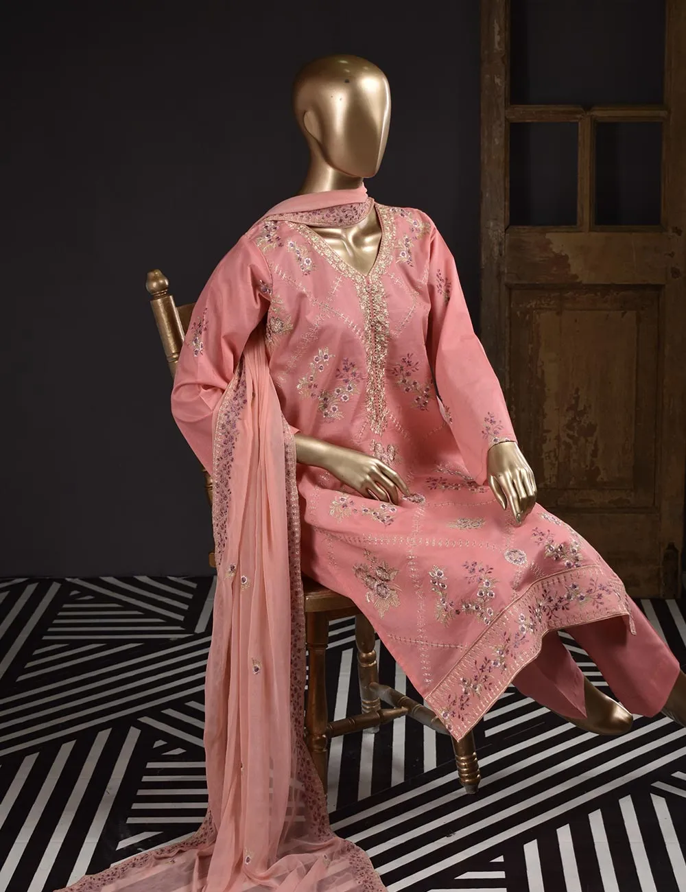 3 Pc Unstitched Embroidered Lawn Dress with Chiffon Embroidered Dupatta - Prague (ZEB-3B)