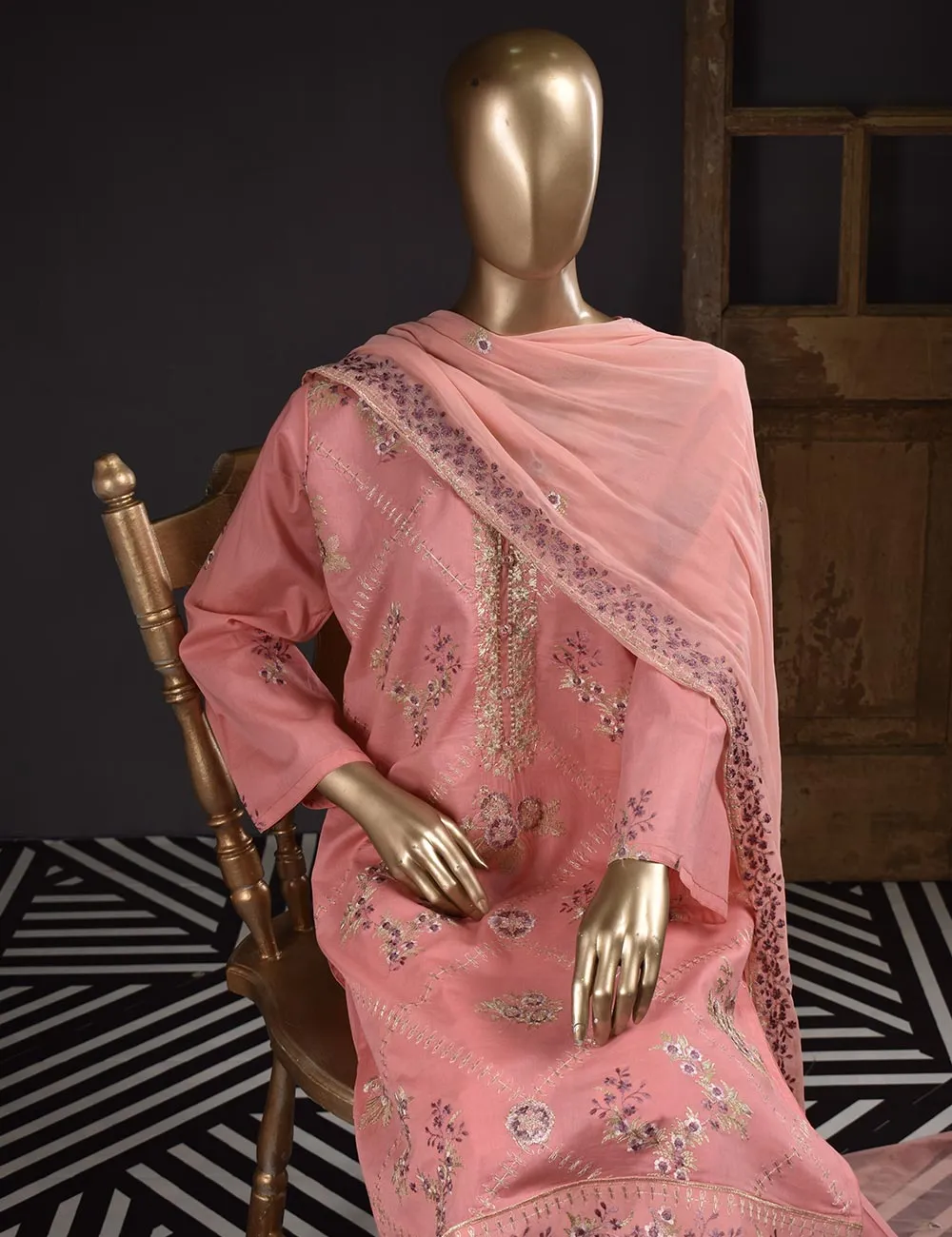 3 Pc Unstitched Embroidered Lawn Dress with Chiffon Embroidered Dupatta - Prague (ZEB-3B)