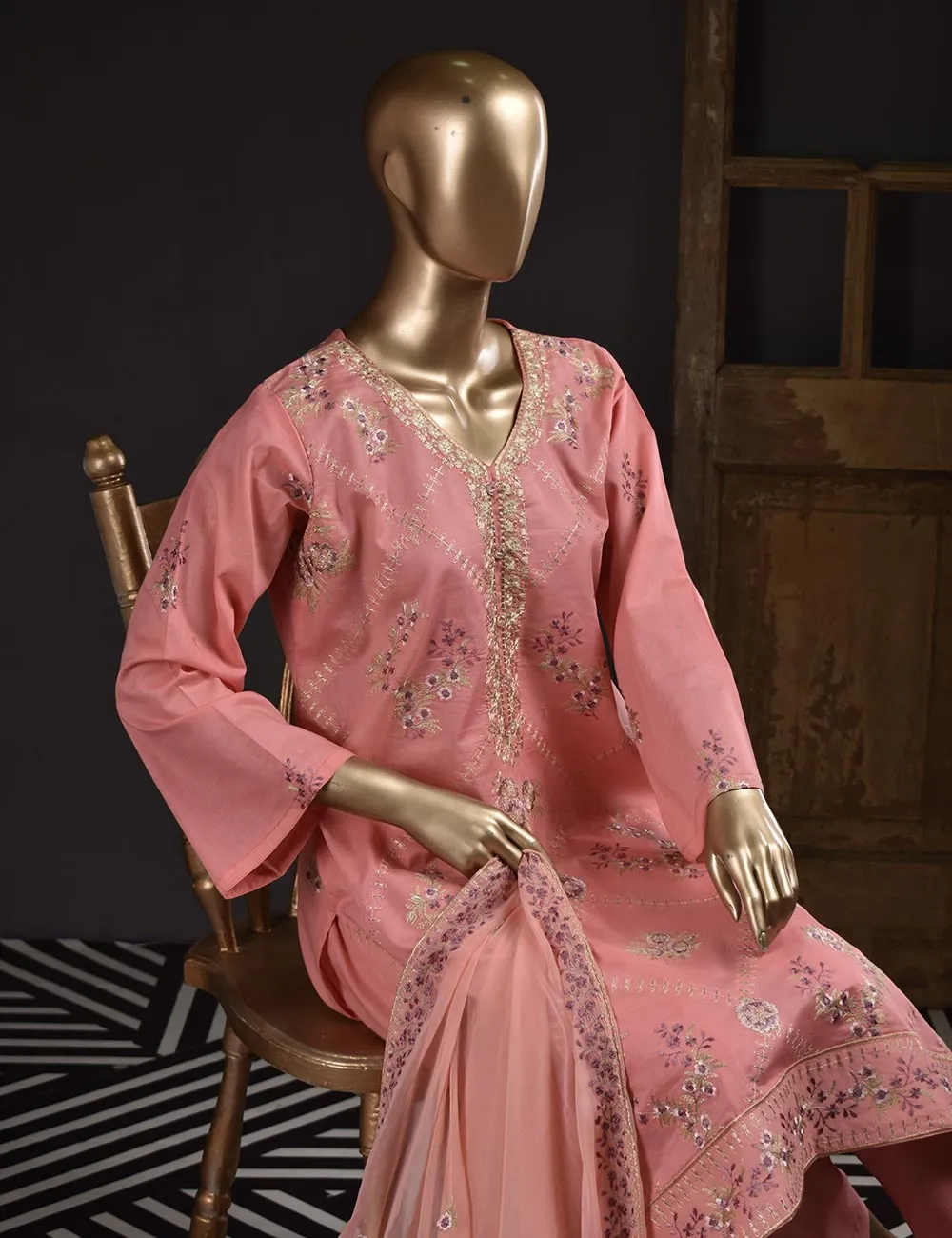 3 Pc Unstitched Embroidered Lawn Dress with Chiffon Embroidered Dupatta - Prague (ZEB-3B)