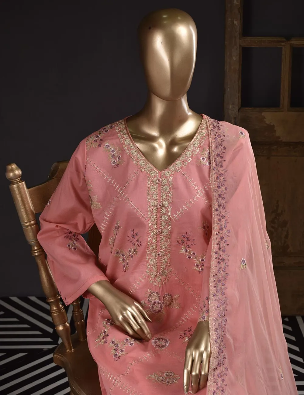 3 Pc Unstitched Embroidered Lawn Dress with Chiffon Embroidered Dupatta - Prague (ZEB-3B)