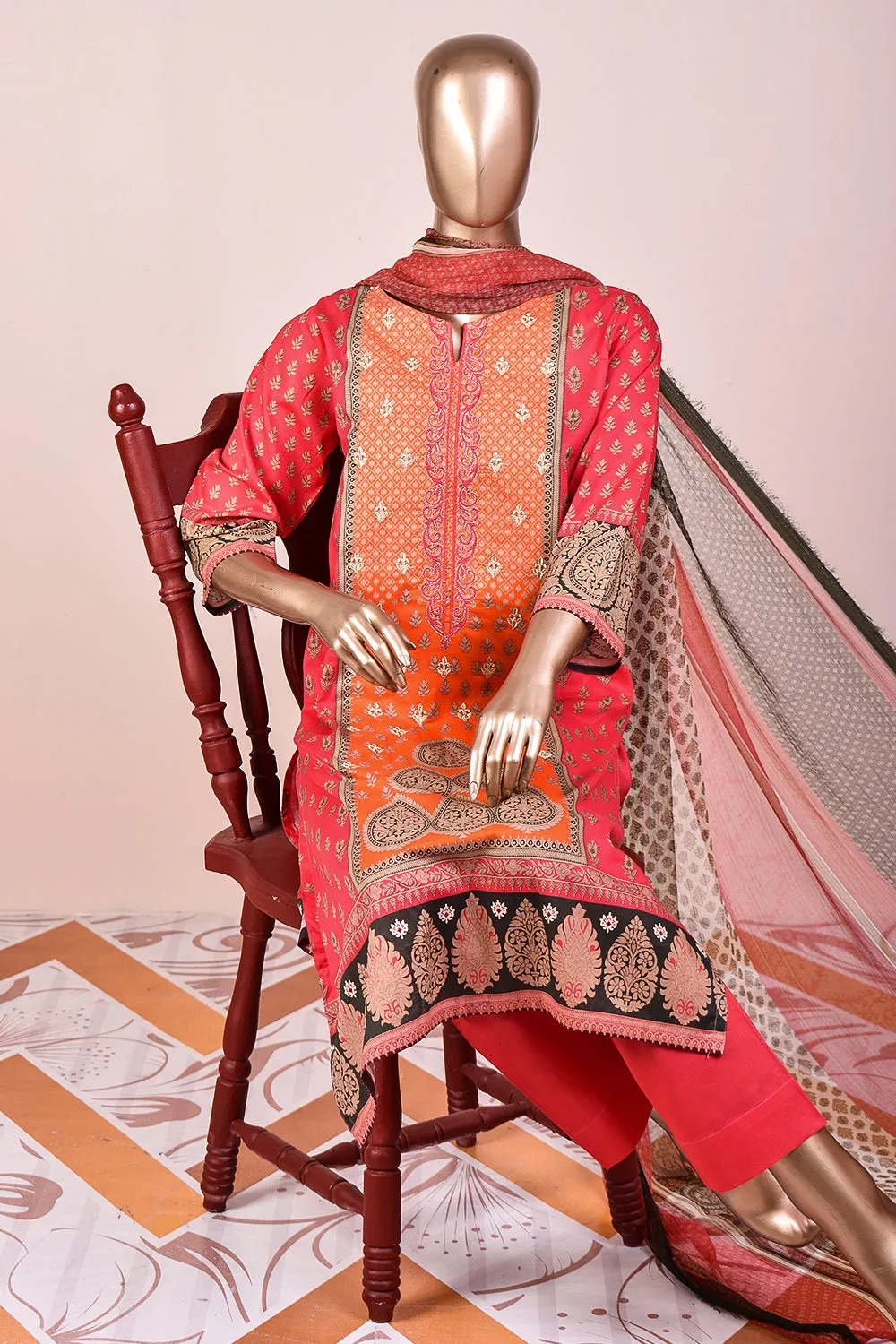 3 Pc Unstitched Embroidered Lawn Dress with Chiffon Printed Dupatta - Classical Shades (JEL-01A)