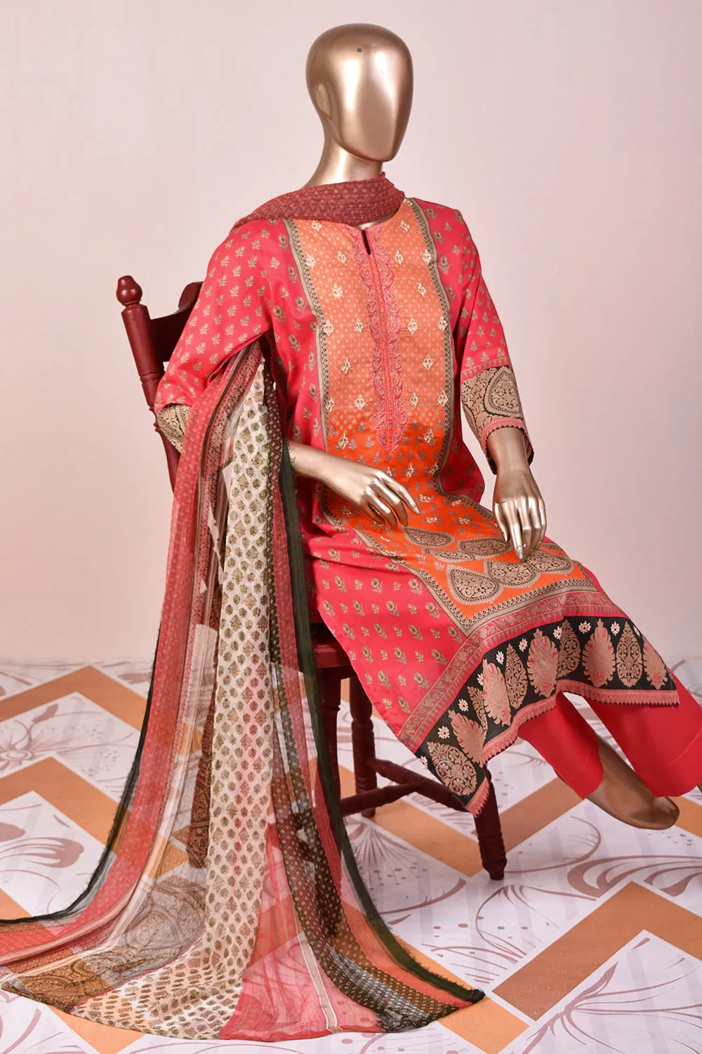 3 Pc Unstitched Embroidered Lawn Dress with Chiffon Printed Dupatta - Classical Shades (JEL-01A)