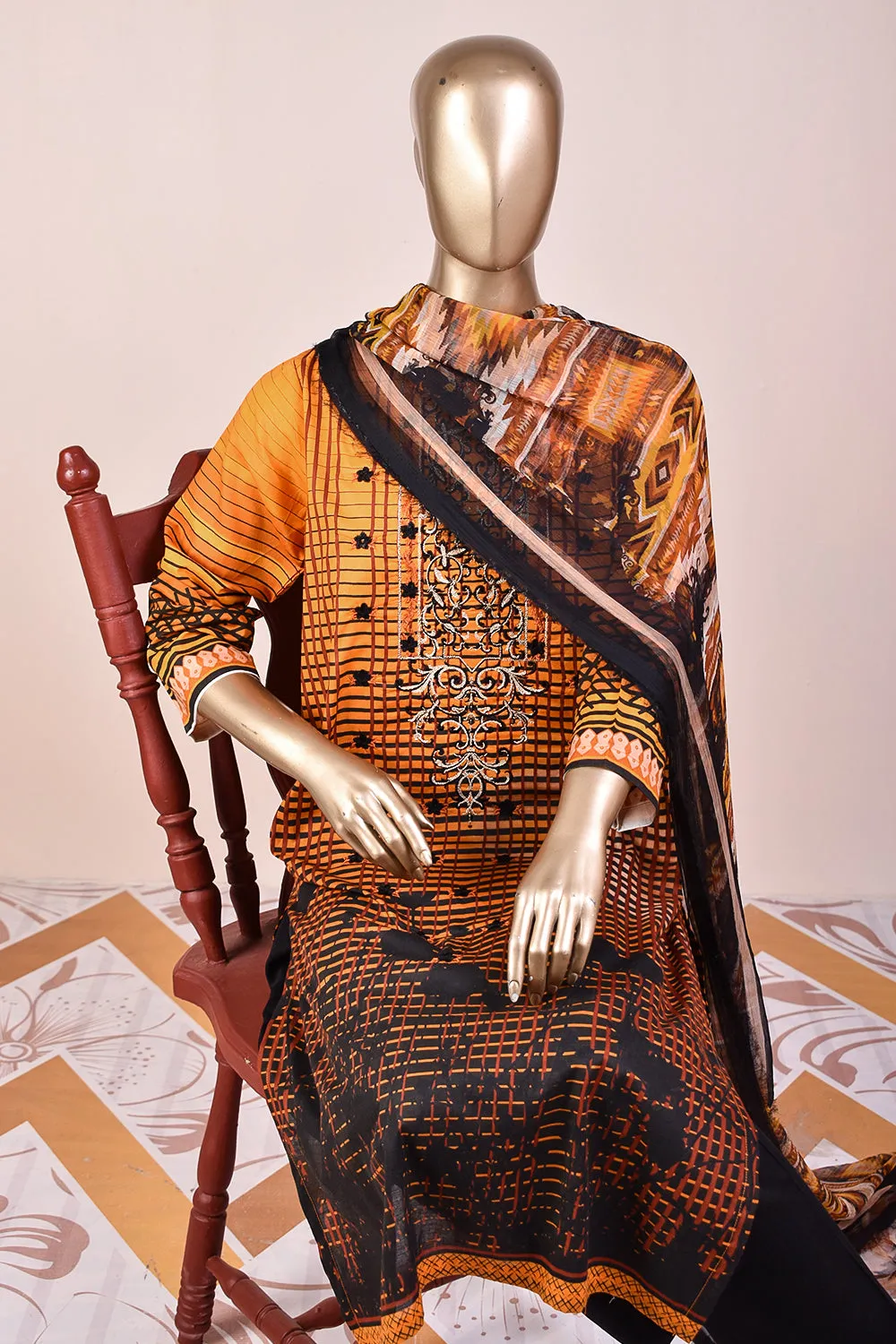3 Pc Unstitched Embroidered Lawn Dress with Chiffon Printed Dupatta - Dark Shades (JEL-09)