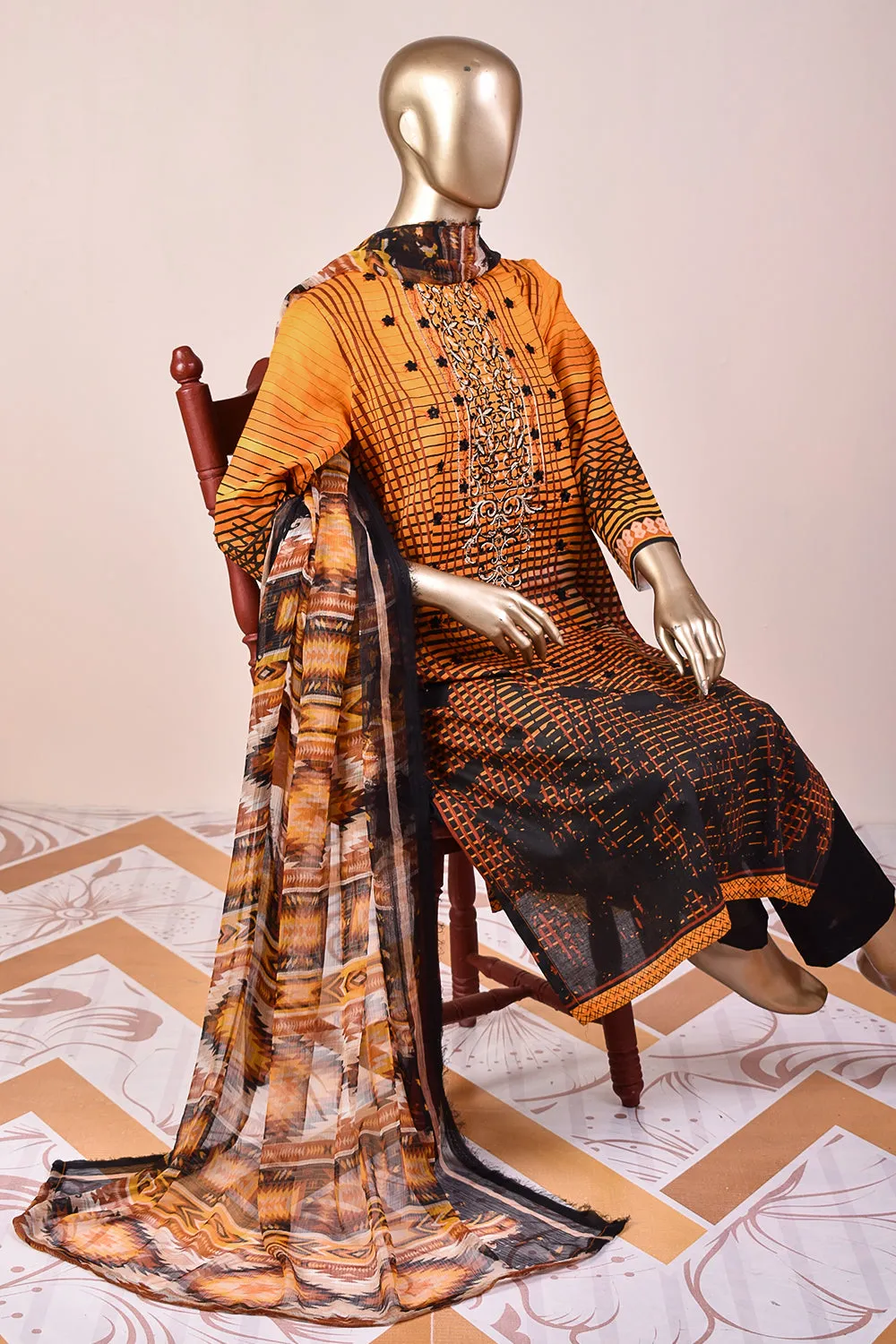 3 Pc Unstitched Embroidered Lawn Dress with Chiffon Printed Dupatta - Dark Shades (JEL-09)
