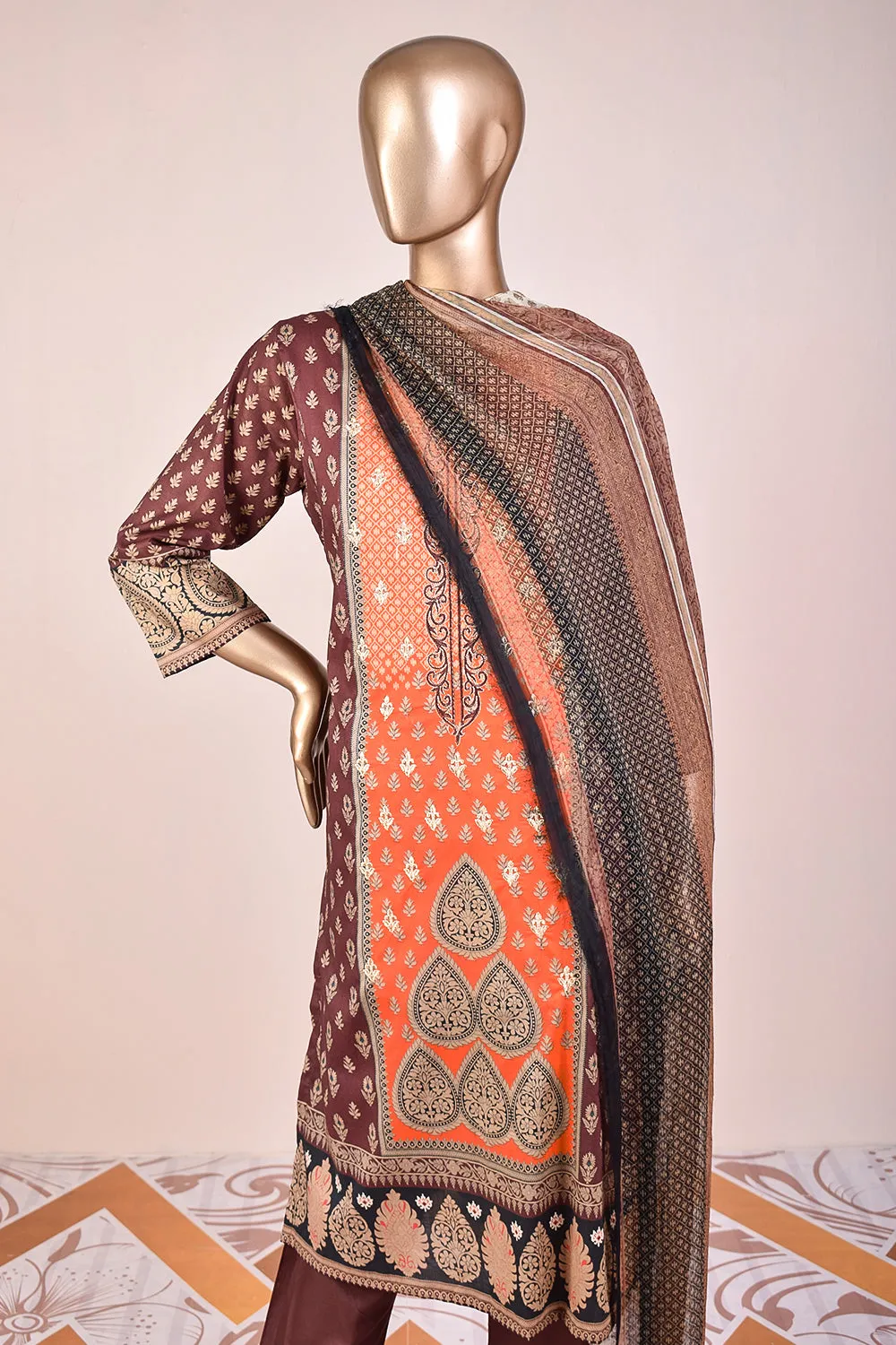 3 Pc Unstitched Embroidered Lawn Dress with Chiffon Printed Dupatta - Groovy Delight (JEL-01B)