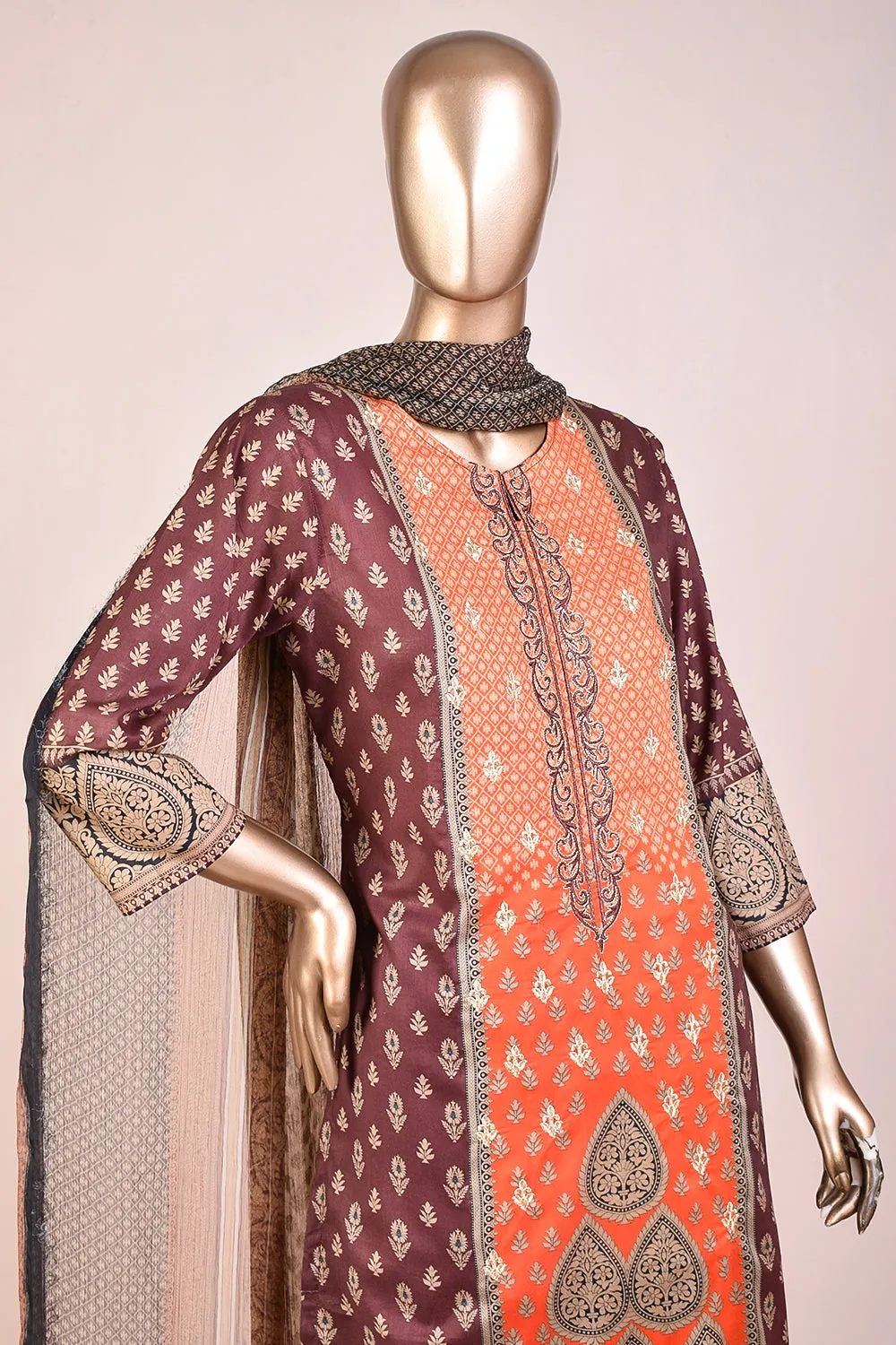 3 Pc Unstitched Embroidered Lawn Dress with Chiffon Printed Dupatta - Groovy Delight (JEL-01B)