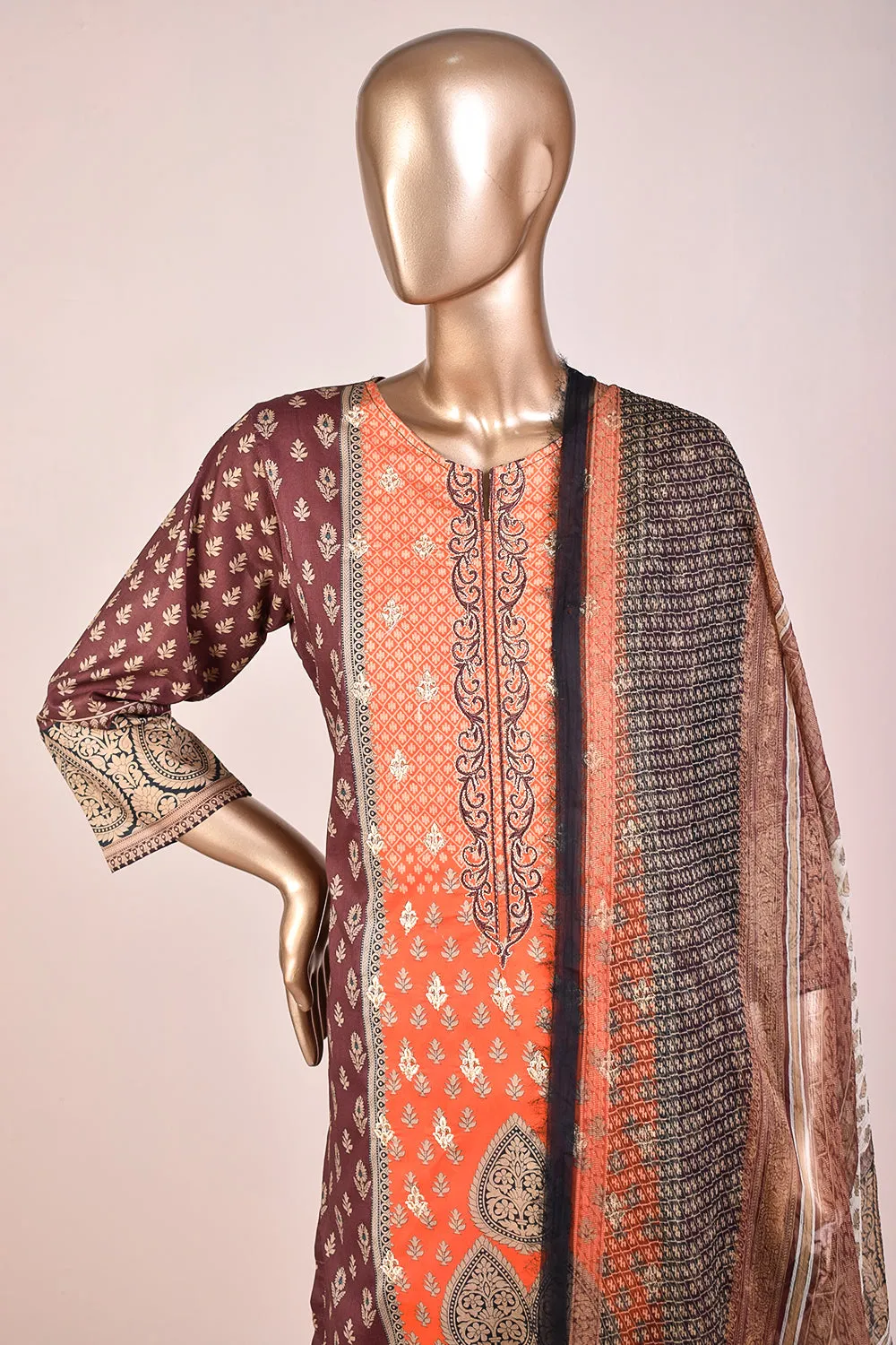 3 Pc Unstitched Embroidered Lawn Dress with Chiffon Printed Dupatta - Groovy Delight (JEL-01B)