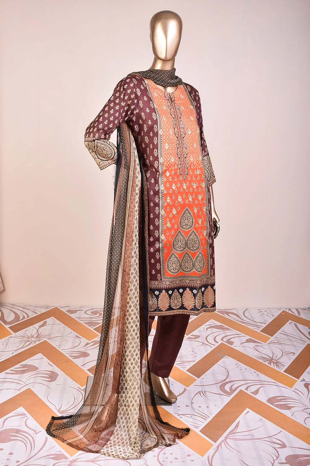 3 Pc Unstitched Embroidered Lawn Dress with Chiffon Printed Dupatta - Groovy Delight (JEL-01B)