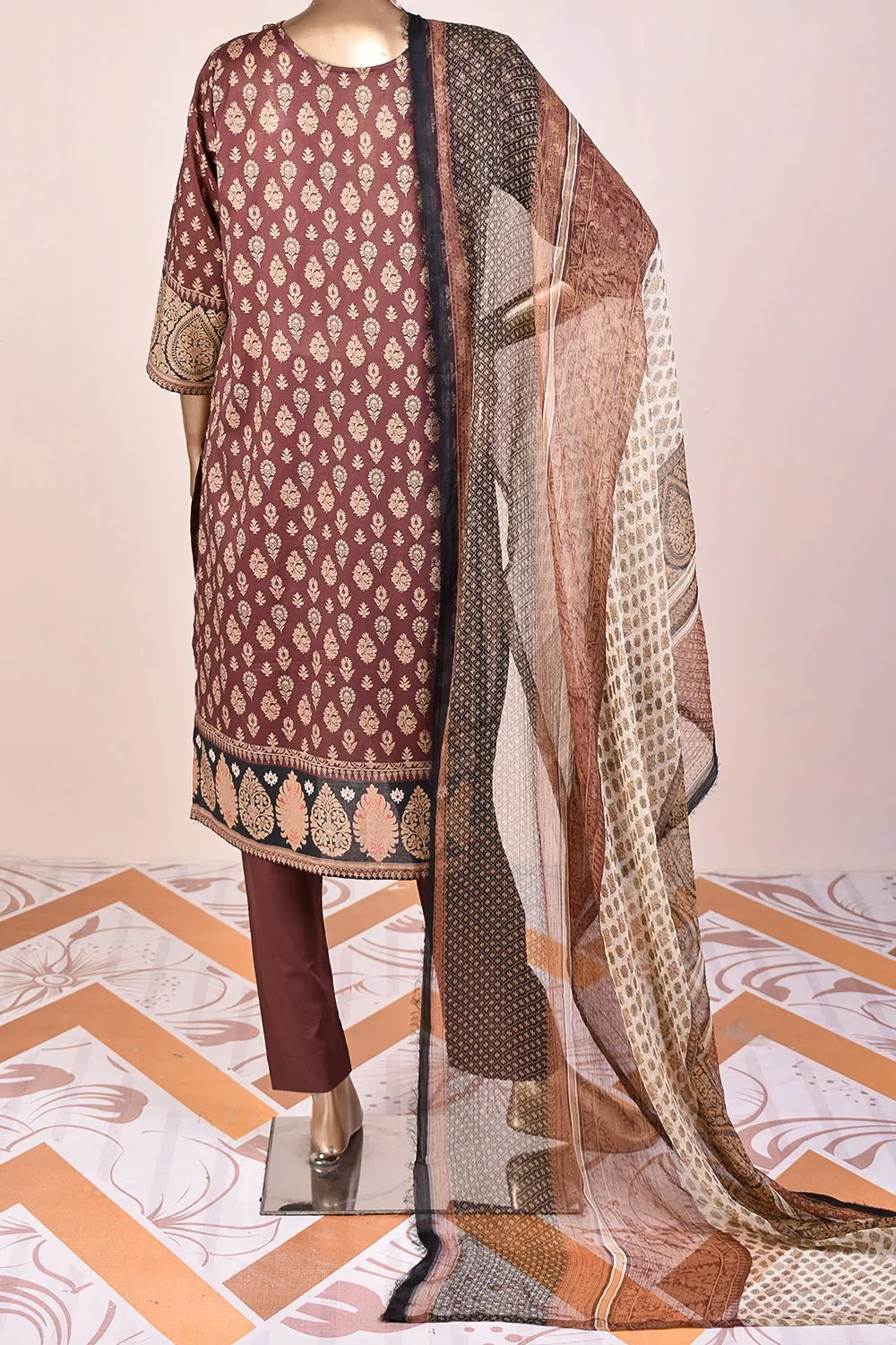3 Pc Unstitched Embroidered Lawn Dress with Chiffon Printed Dupatta - Groovy Delight (JEL-01B)