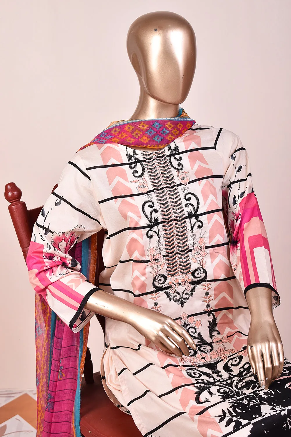 3 Pc Unstitched Embroidered Lawn Dress with Chiffon Printed Dupatta - Royalia (JEL-04)