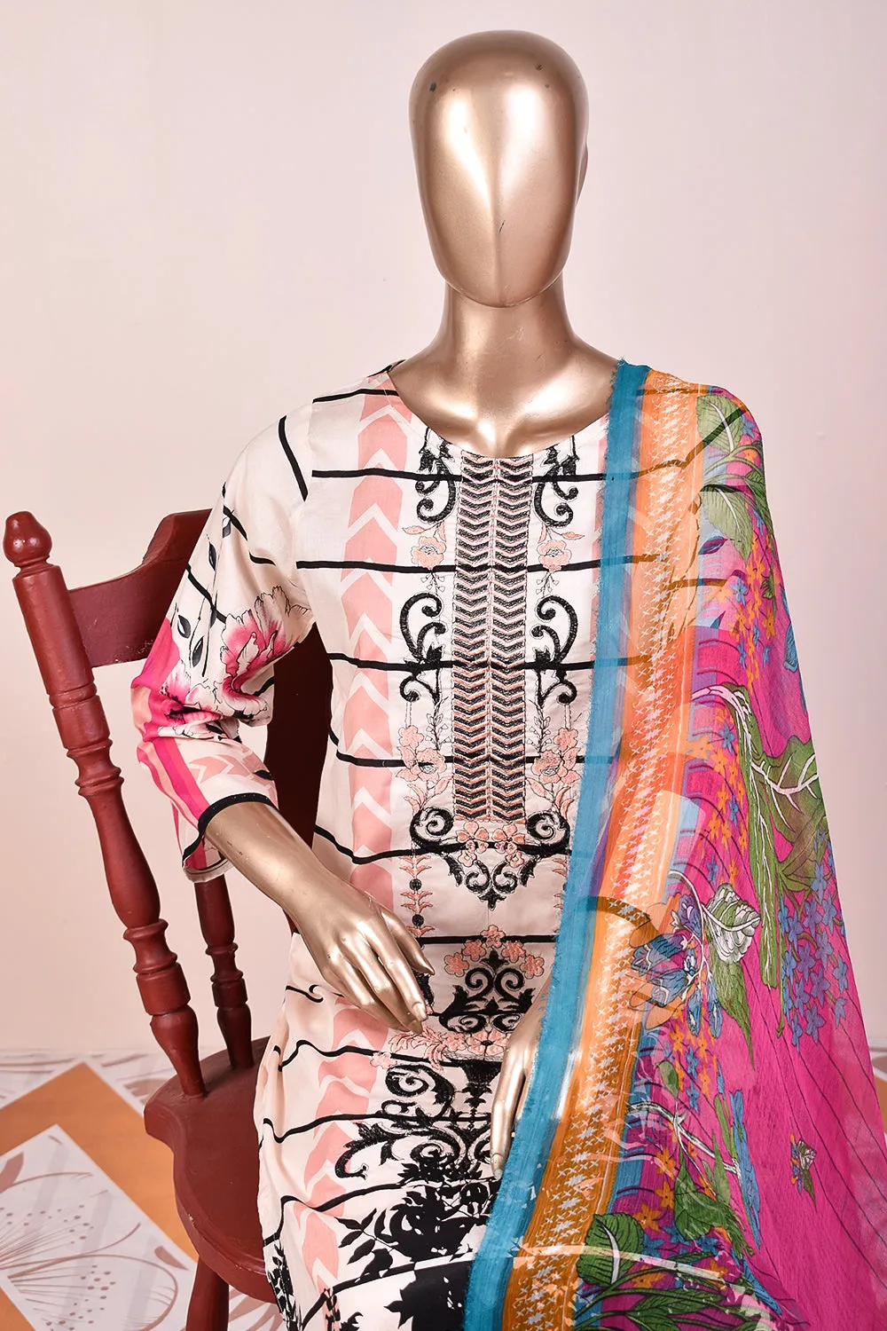3 Pc Unstitched Embroidered Lawn Dress with Chiffon Printed Dupatta - Royalia (JEL-04)