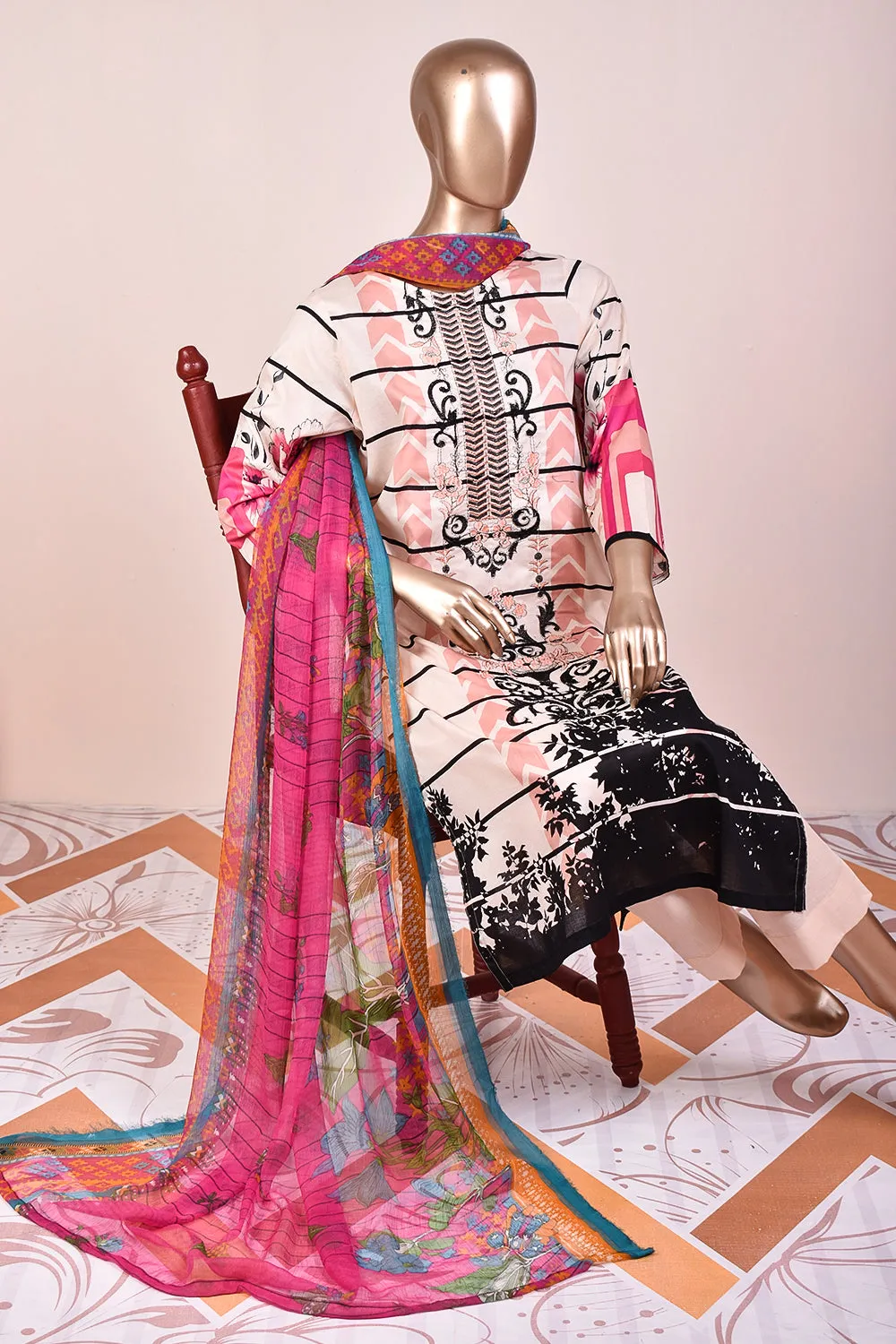 3 Pc Unstitched Embroidered Lawn Dress with Chiffon Printed Dupatta - Royalia (JEL-04)