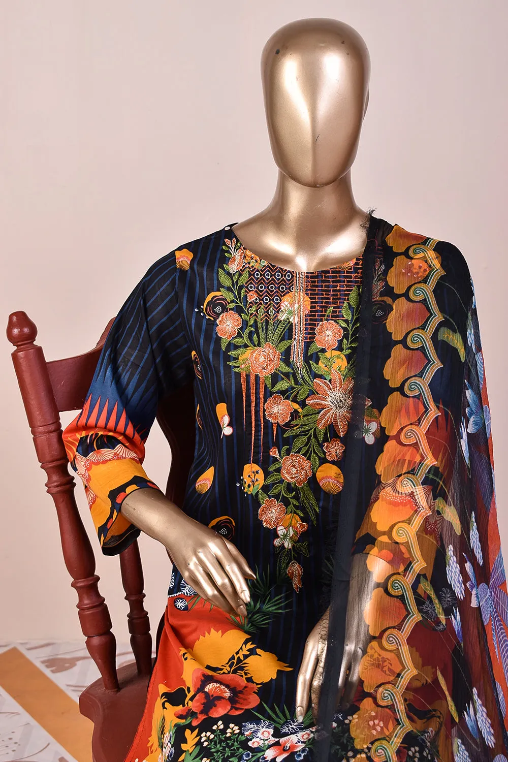3 Pc Unstitched Embroidered Lawn Dress with Chiffon Printed Dupatta - Spiff (JEL-10)
