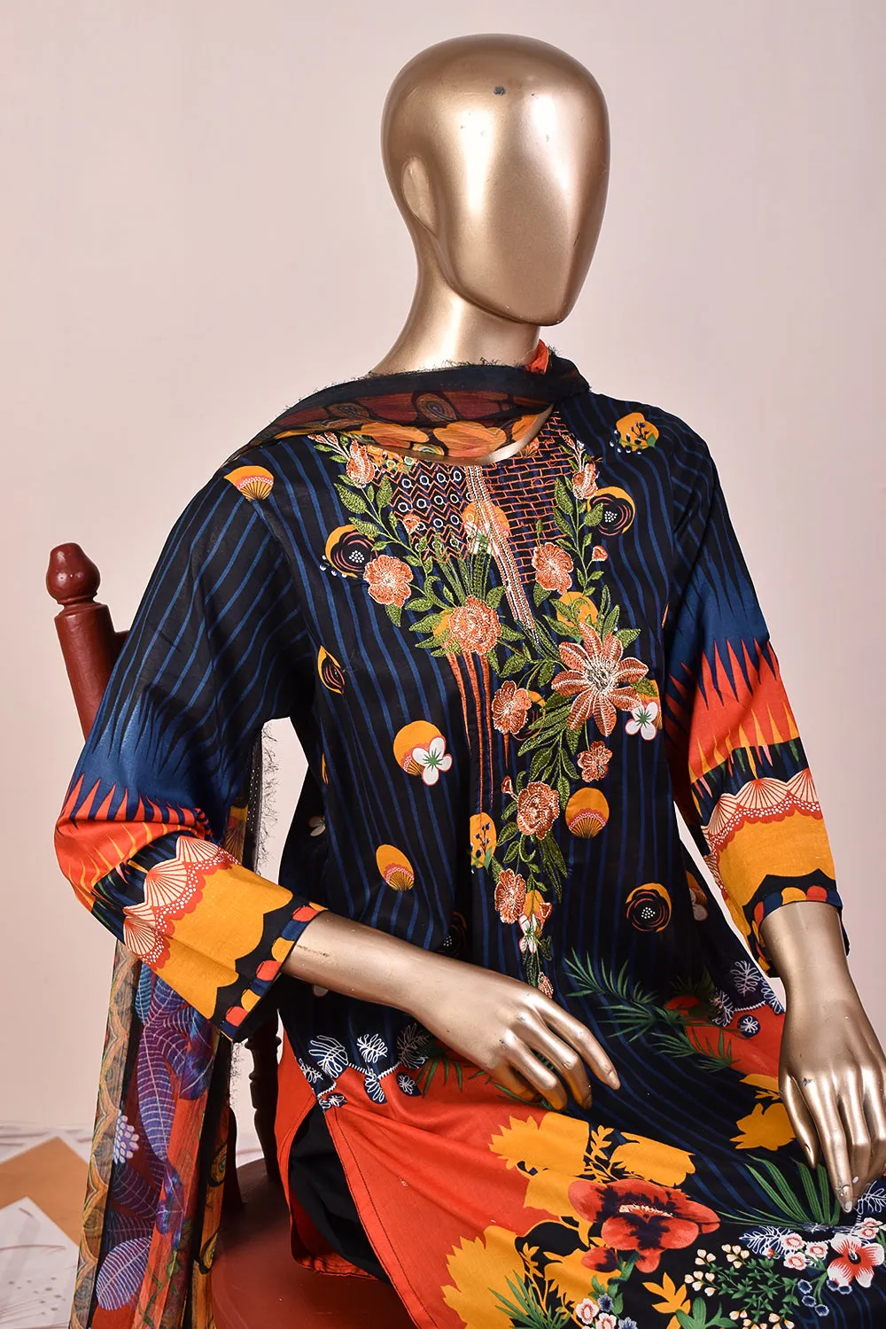 3 Pc Unstitched Embroidered Lawn Dress with Chiffon Printed Dupatta - Spiff (JEL-10)