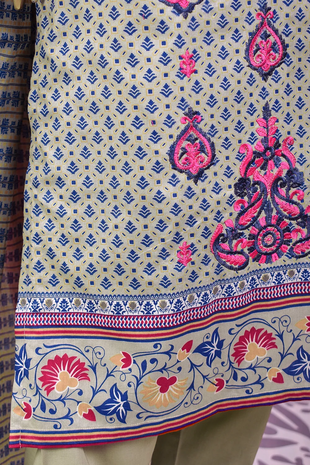 3 Pc Unstitched Embroidered Lawn Dress with Lawn Printed Dupatta & Embroidered Cotton Trouser - Bright Sunshine (ZLE-1A)