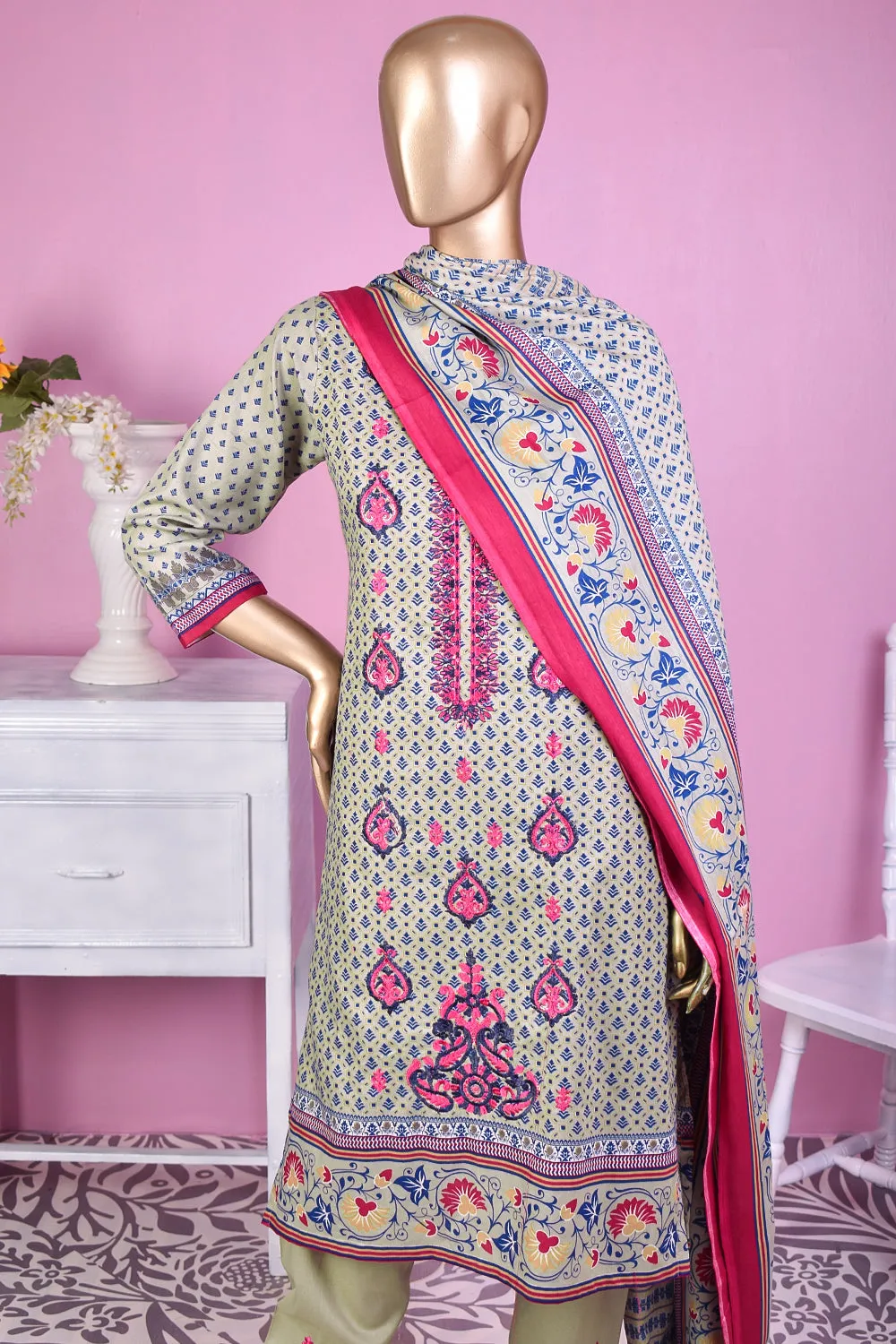 3 Pc Unstitched Embroidered Lawn Dress with Lawn Printed Dupatta & Embroidered Cotton Trouser - Bright Sunshine (ZLE-1A)