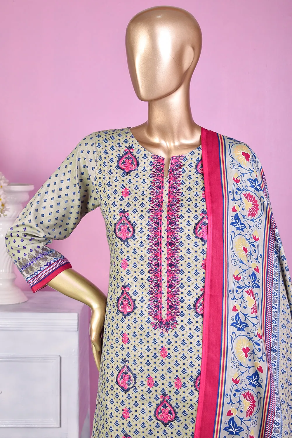 3 Pc Unstitched Embroidered Lawn Dress with Lawn Printed Dupatta & Embroidered Cotton Trouser - Bright Sunshine (ZLE-1A)