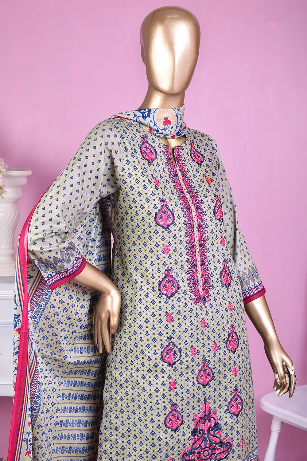 3 Pc Unstitched Embroidered Lawn Dress with Lawn Printed Dupatta & Embroidered Cotton Trouser - Bright Sunshine (ZLE-1A)
