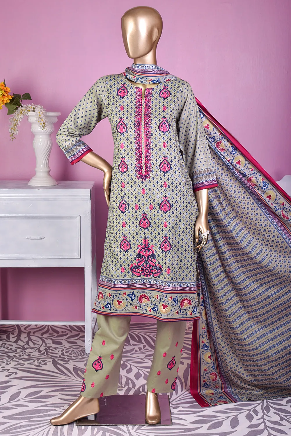 3 Pc Unstitched Embroidered Lawn Dress with Lawn Printed Dupatta & Embroidered Cotton Trouser - Bright Sunshine (ZLE-1A)