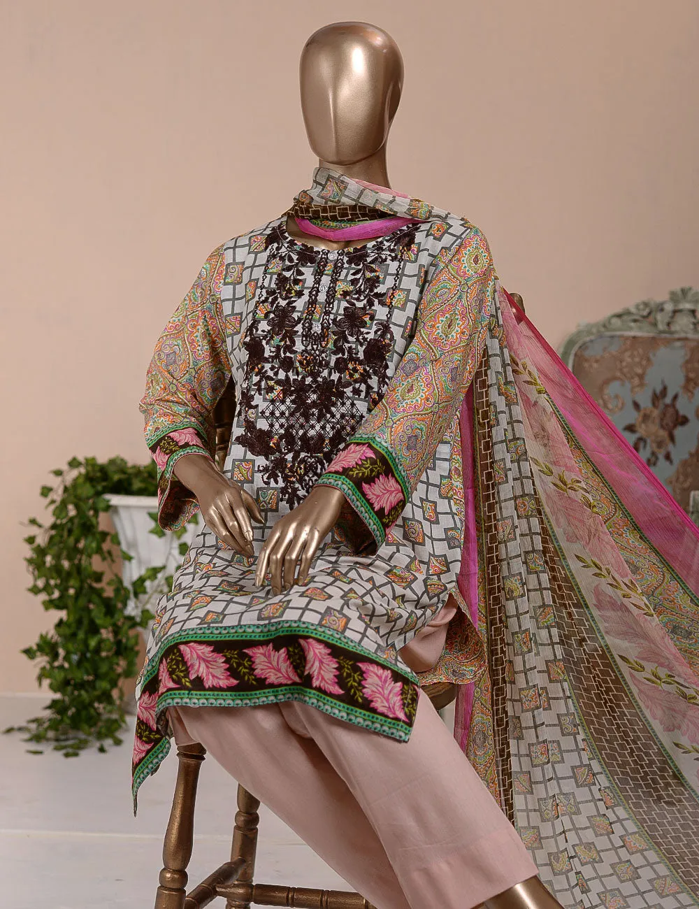 3 Pc Unstitched Lawn Embroidered Dress with Chiffon Dupatta - Anais  - (FE-02)