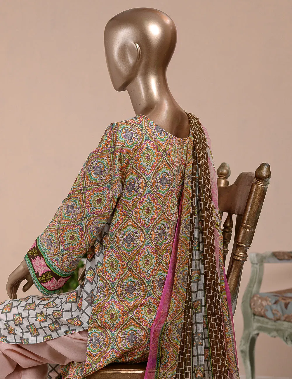 3 Pc Unstitched Lawn Embroidered Dress with Chiffon Dupatta - Anais  - (FE-02)