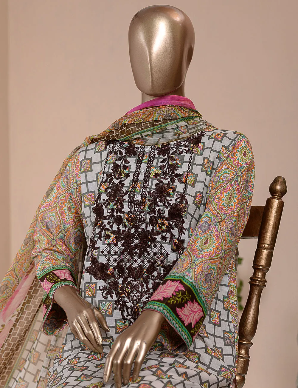 3 Pc Unstitched Lawn Embroidered Dress with Chiffon Dupatta - Anais  - (FE-02)