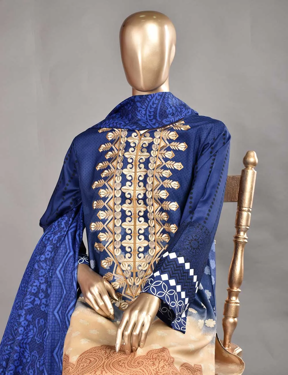 3 Pc Unstitched Linen Printed & Embroidered Dress with Printed Wool Shawl Dupatta - Oceanfront (KL-06A)