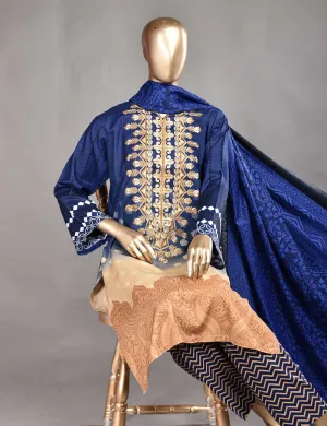 3 Pc Unstitched Linen Printed & Embroidered Dress with Printed Wool Shawl Dupatta - Oceanfront (KL-06A)