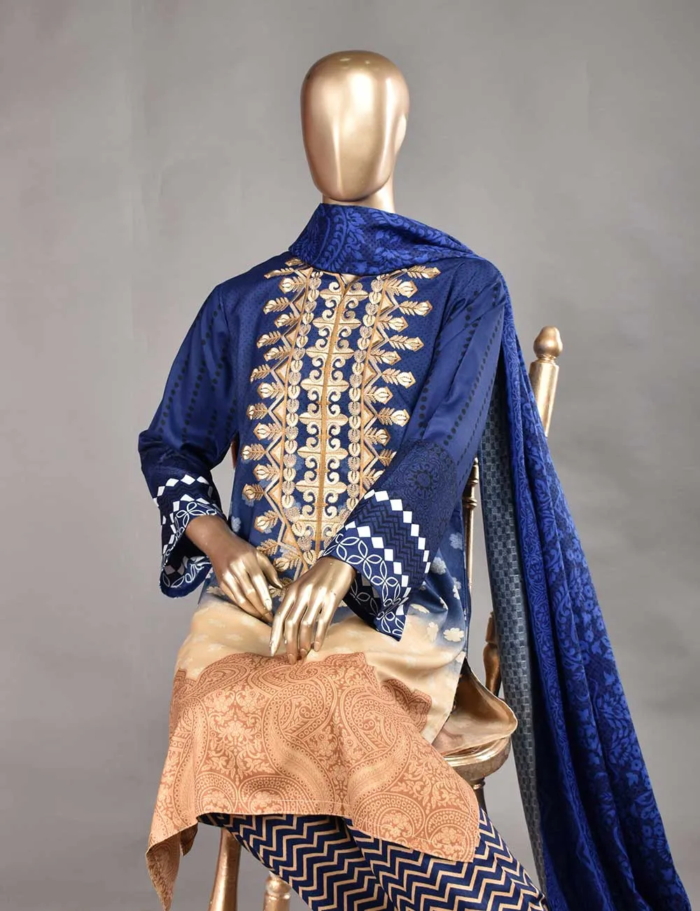 3 Pc Unstitched Linen Printed & Embroidered Dress with Printed Wool Shawl Dupatta - Oceanfront (KL-06A)