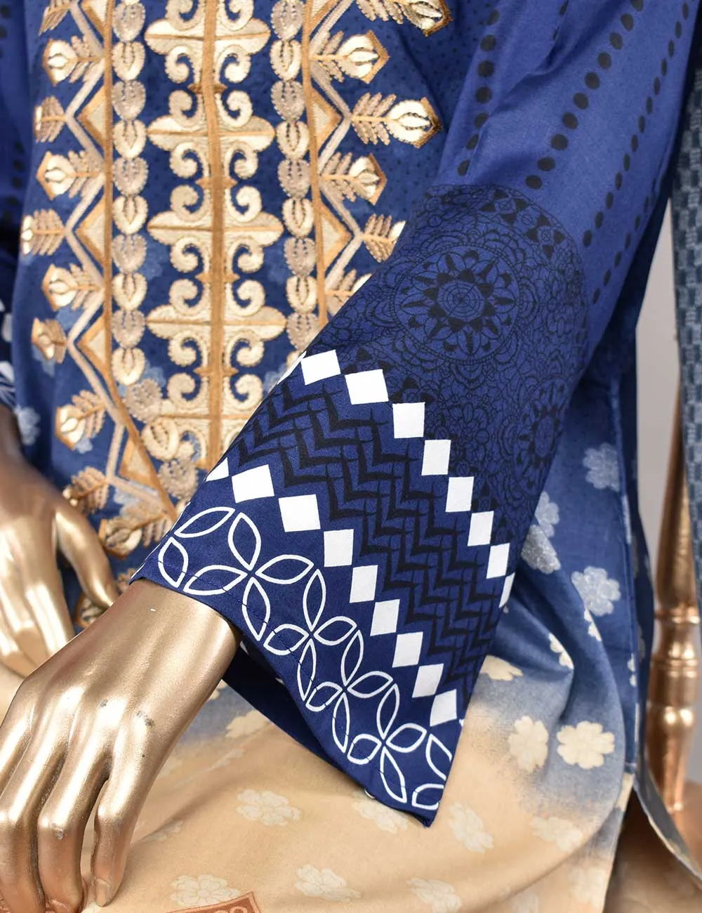 3 Pc Unstitched Linen Printed & Embroidered Dress with Printed Wool Shawl Dupatta - Oceanfront (KL-06A)