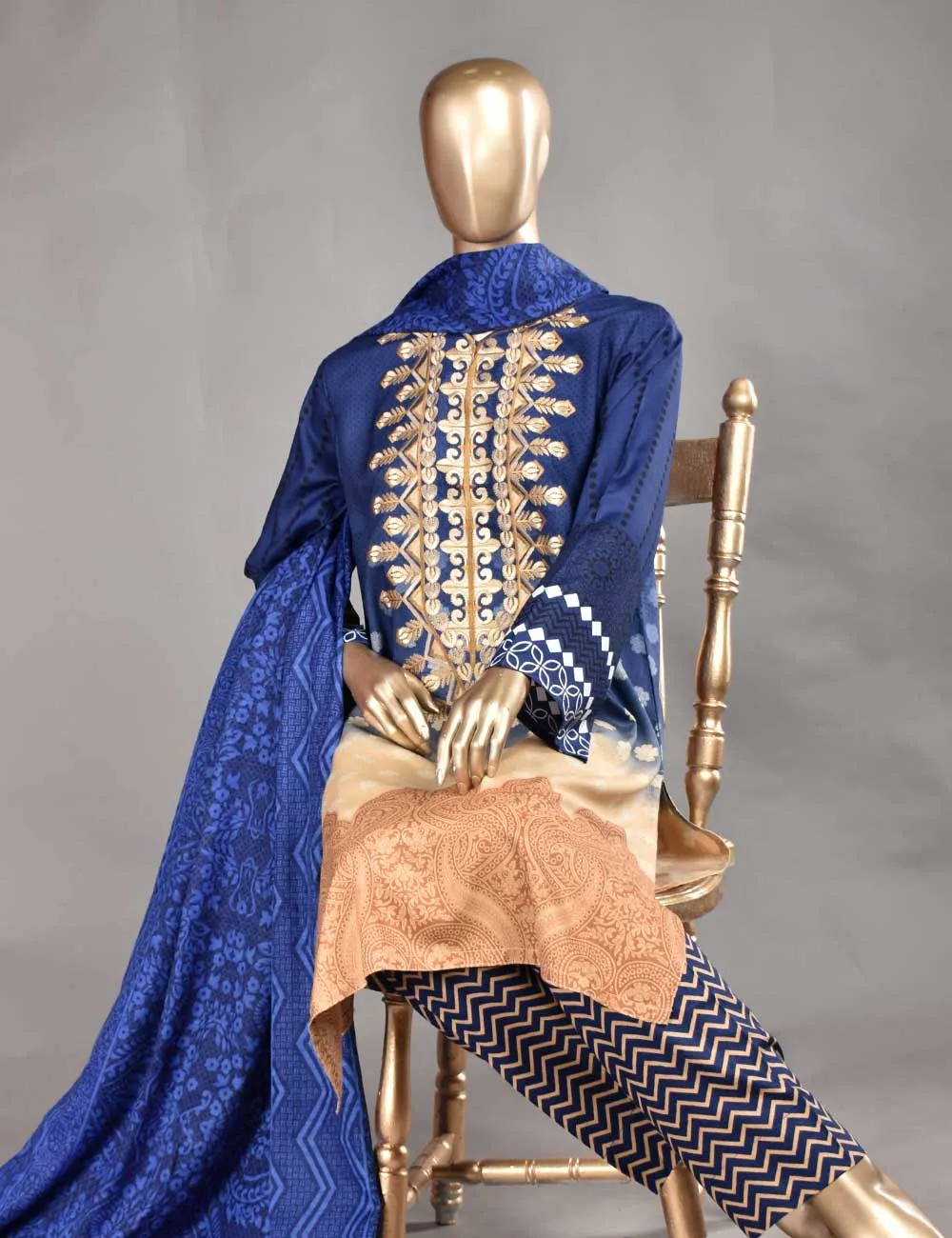3 Pc Unstitched Linen Printed & Embroidered Dress with Printed Wool Shawl Dupatta - Oceanfront (KL-06A)