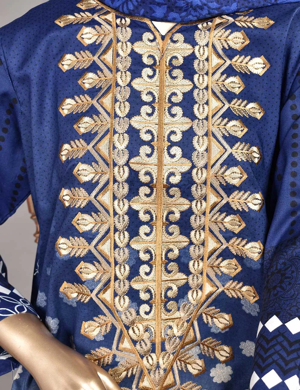 3 Pc Unstitched Linen Printed & Embroidered Dress with Printed Wool Shawl Dupatta - Oceanfront (KL-06A)