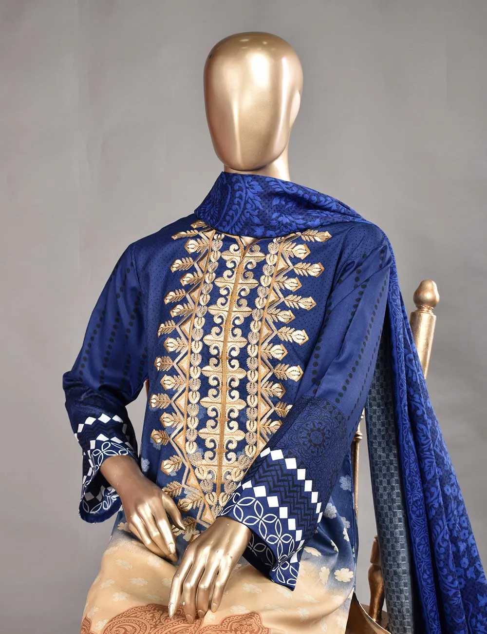 3 Pc Unstitched Linen Printed & Embroidered Dress with Printed Wool Shawl Dupatta - Oceanfront (KL-06A)