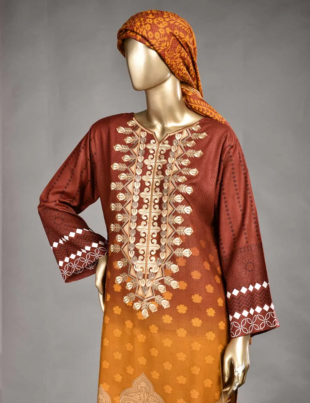 3 Pc Unstitched Linen Printed & Embroidered Dress with Printed Wool Shawl Dupatta - Oceanfront (KL-06B)