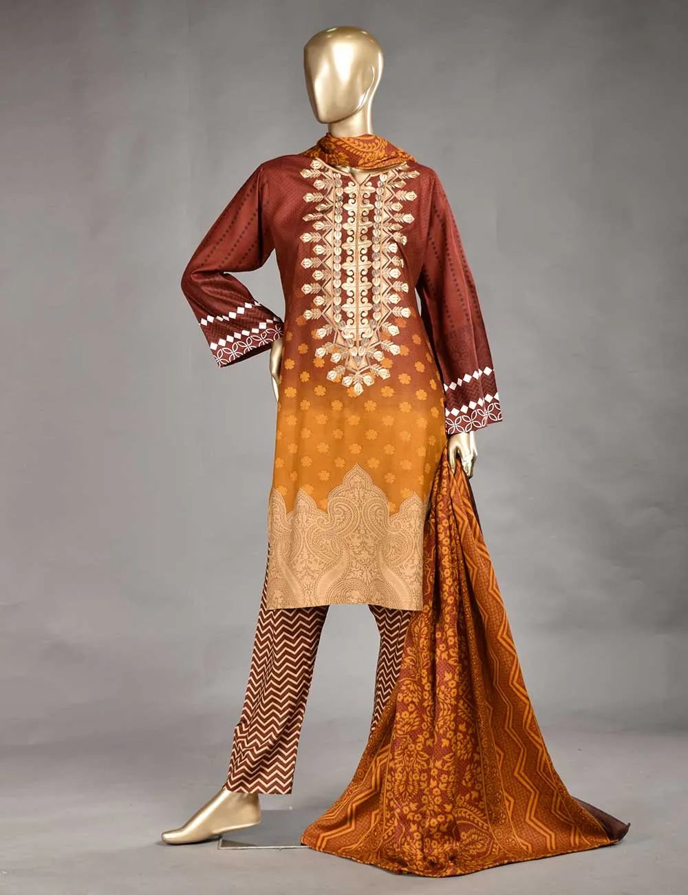 3 Pc Unstitched Linen Printed & Embroidered Dress with Printed Wool Shawl Dupatta - Oceanfront (KL-06B)