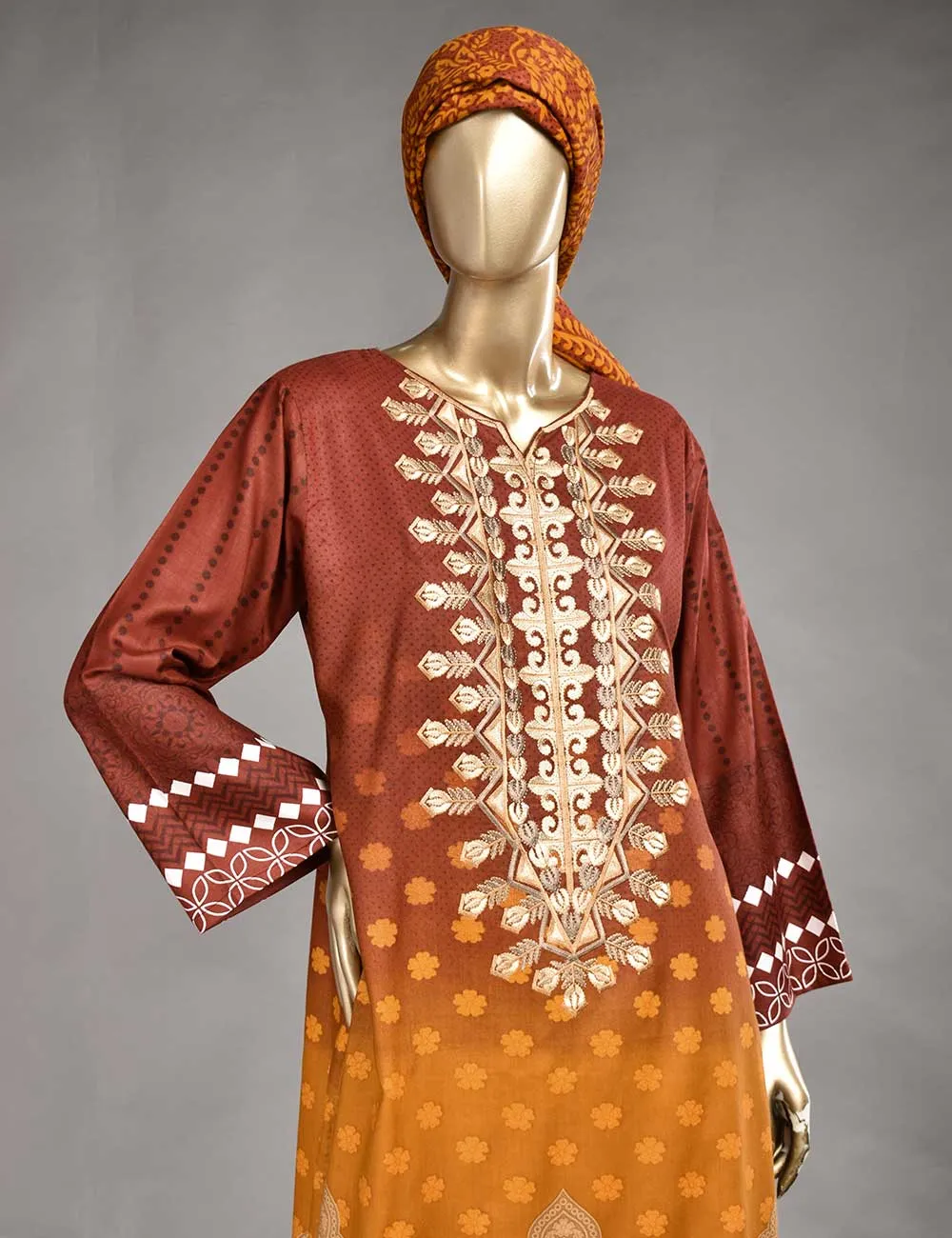 3 Pc Unstitched Linen Printed & Embroidered Dress with Printed Wool Shawl Dupatta - Oceanfront (KL-06B)