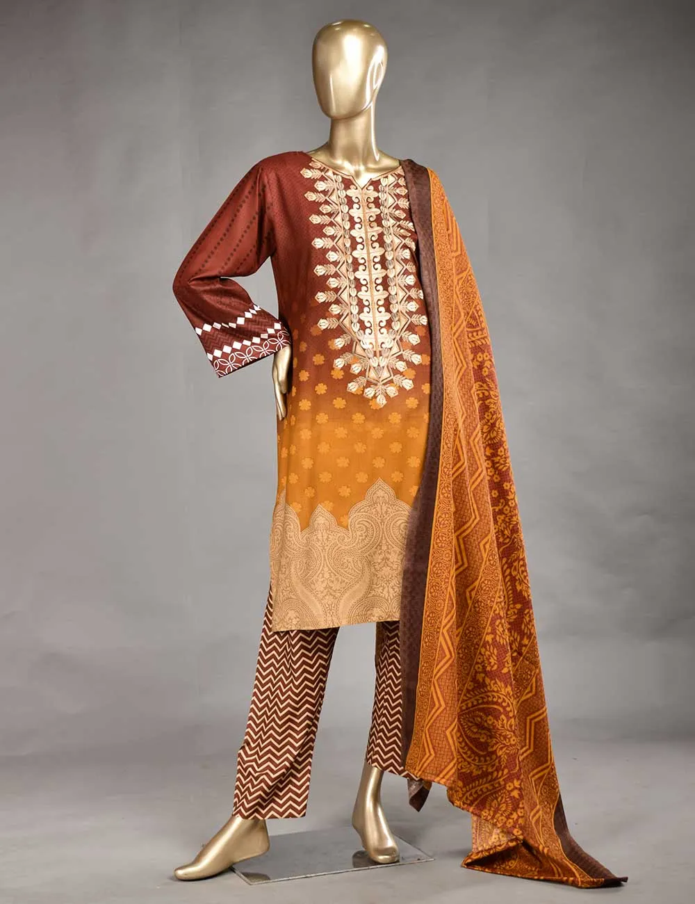 3 Pc Unstitched Linen Printed & Embroidered Dress with Printed Wool Shawl Dupatta - Oceanfront (KL-06B)