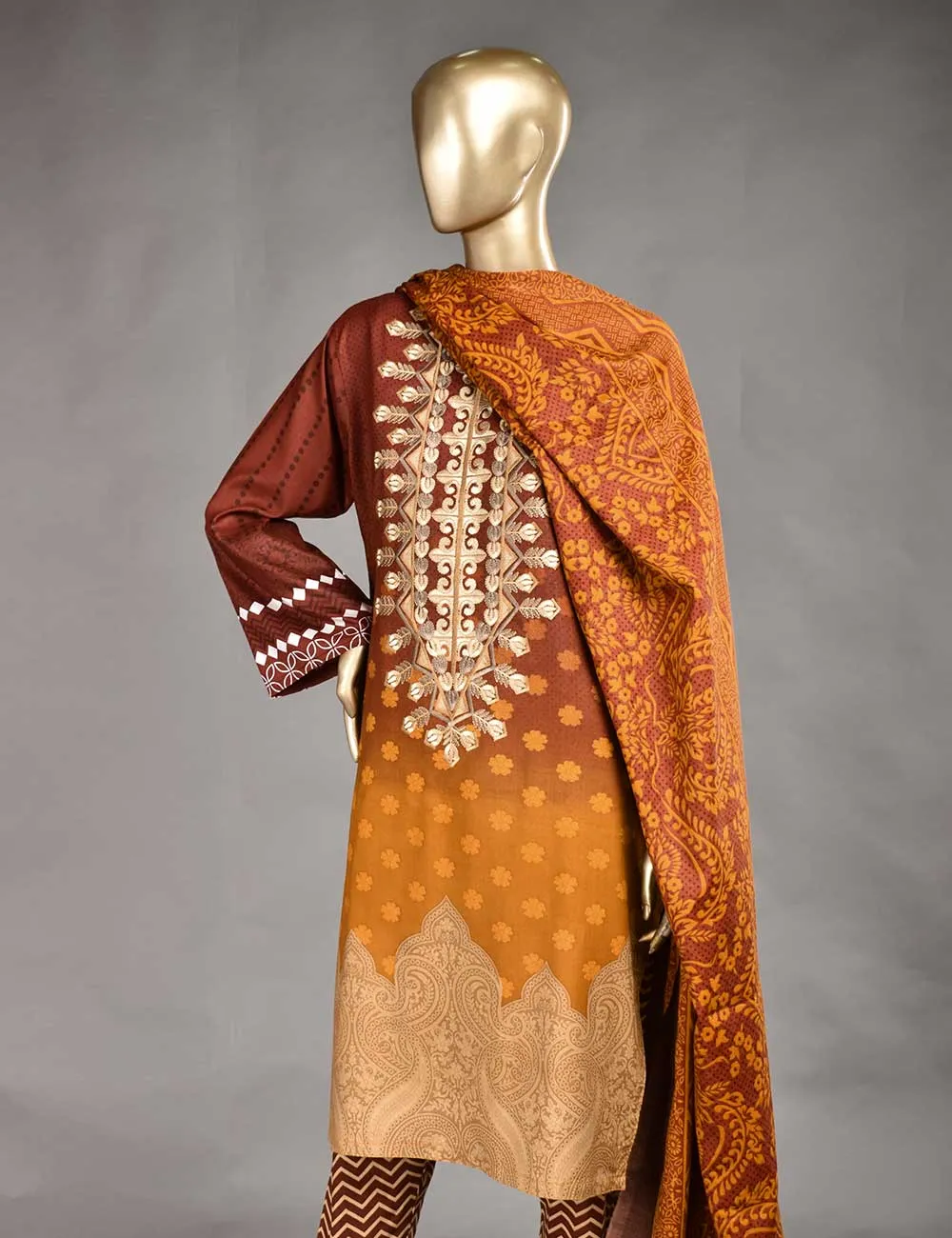 3 Pc Unstitched Linen Printed & Embroidered Dress with Printed Wool Shawl Dupatta - Oceanfront (KL-06B)