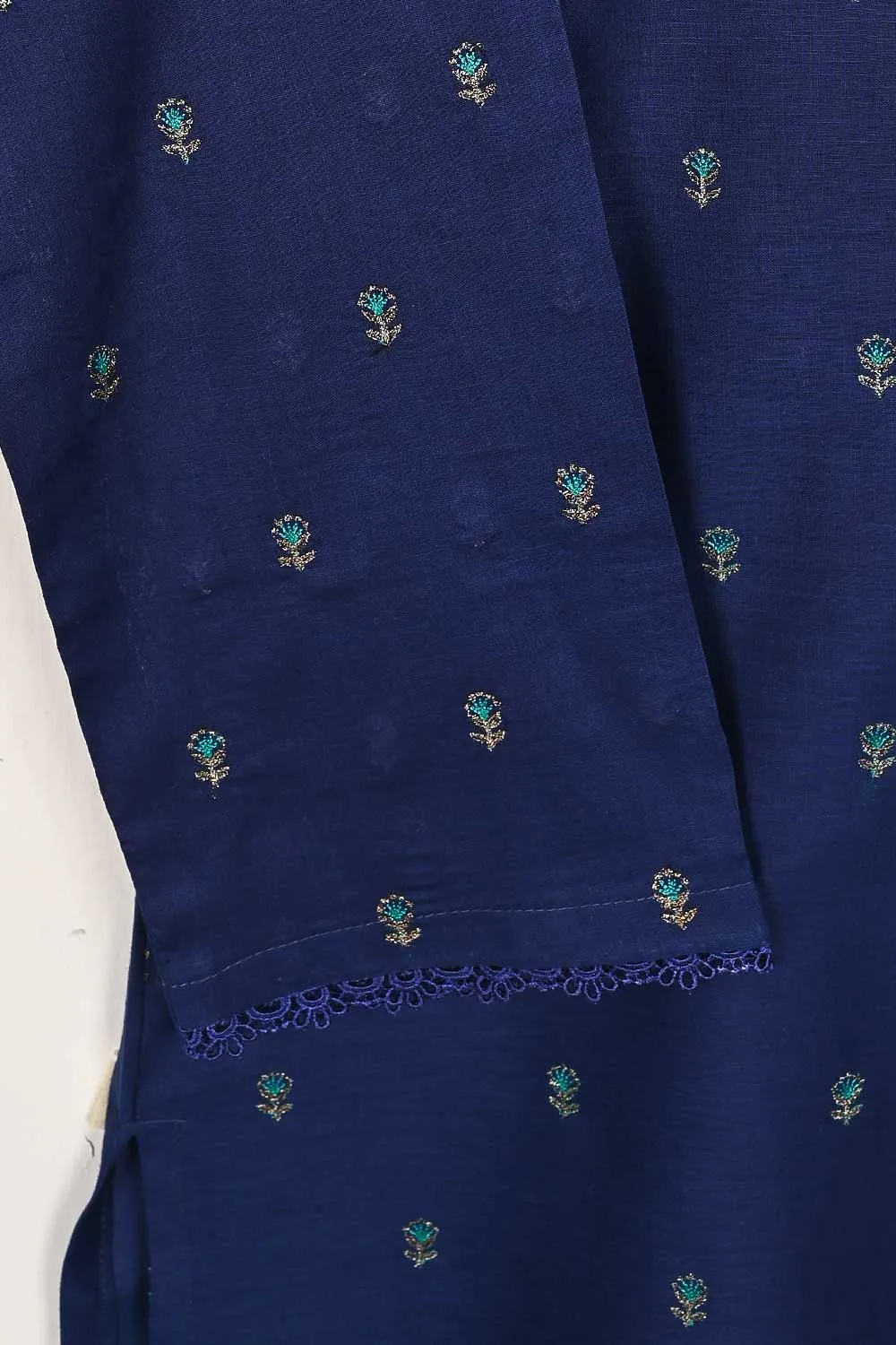 3SP-10A-Blue - 3PC COTTON EMBROIDERED Dress With Chiffon Embroidered Dupatta