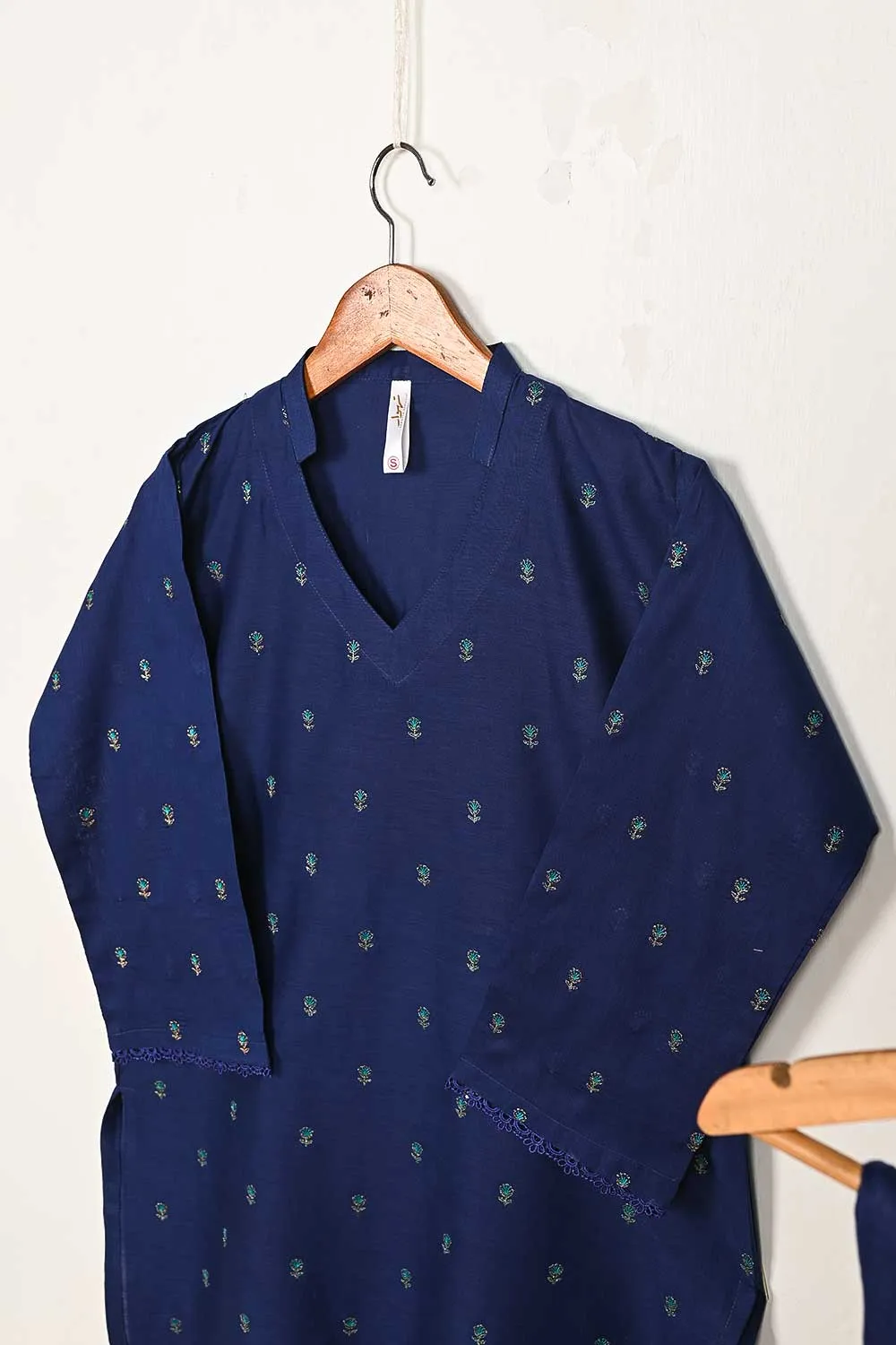 3SP-10A-Blue - 3PC COTTON EMBROIDERED Dress With Chiffon Embroidered Dupatta