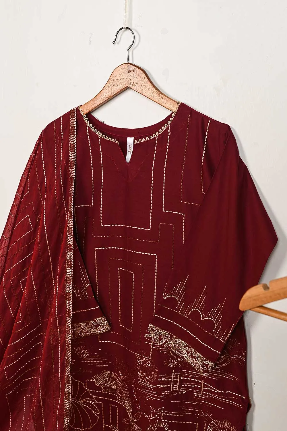 3SP-11B-Maroon - 3PC COTTON EMBROIDERED Dress With Chiffon Embroidered Dupatta